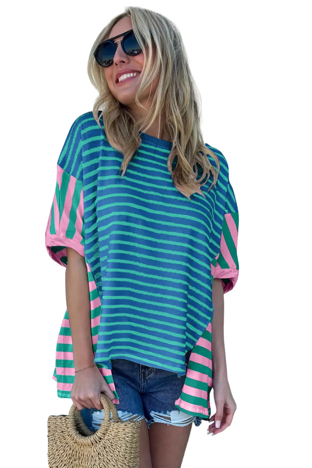 Blue Stripe Patchwork Slits Baggy T-Shirt – Relaxed, Bold, and Full of Vibes