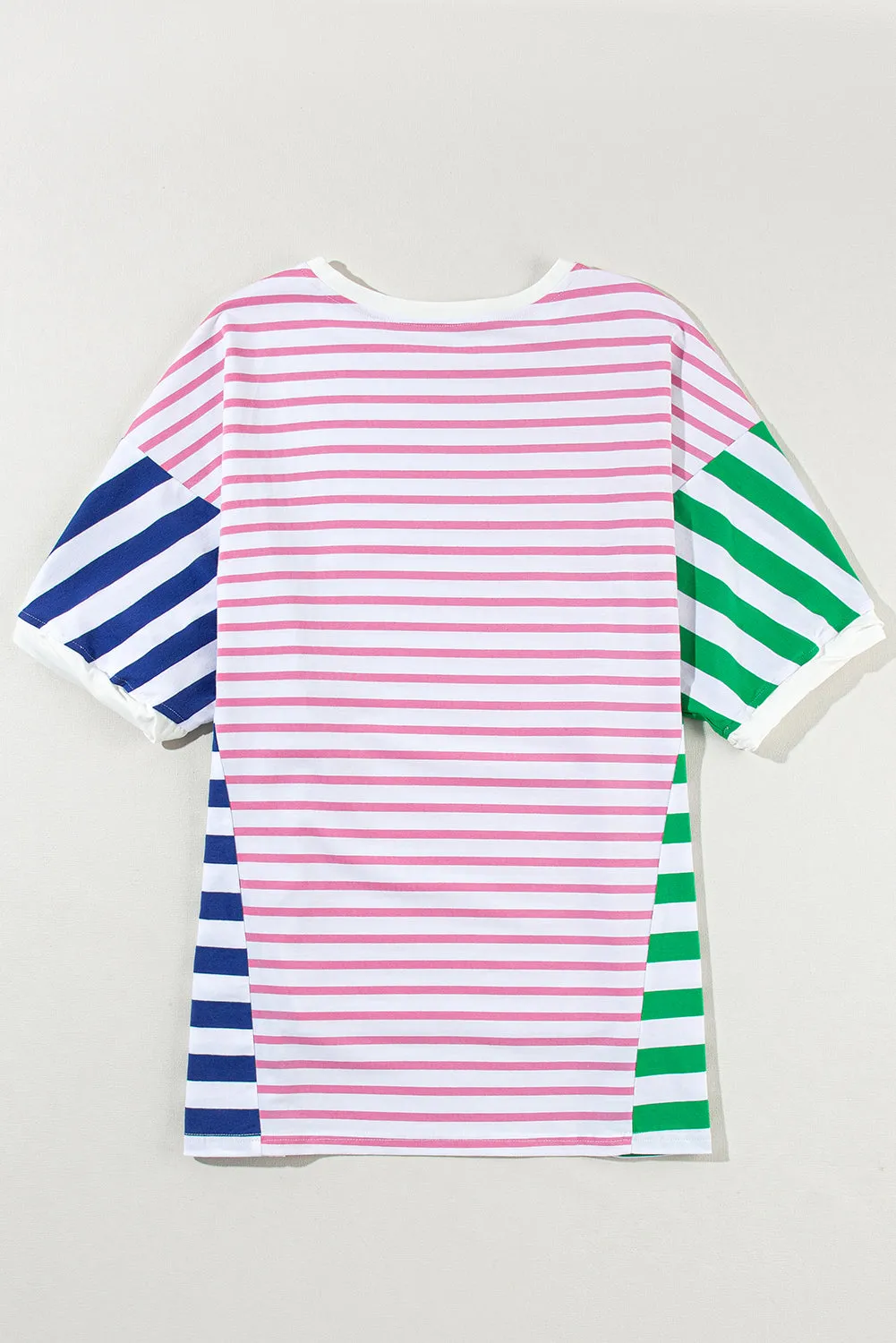 Blue Stripe Patchwork Slits Baggy T-Shirt – Relaxed, Bold, and Full of Vibes