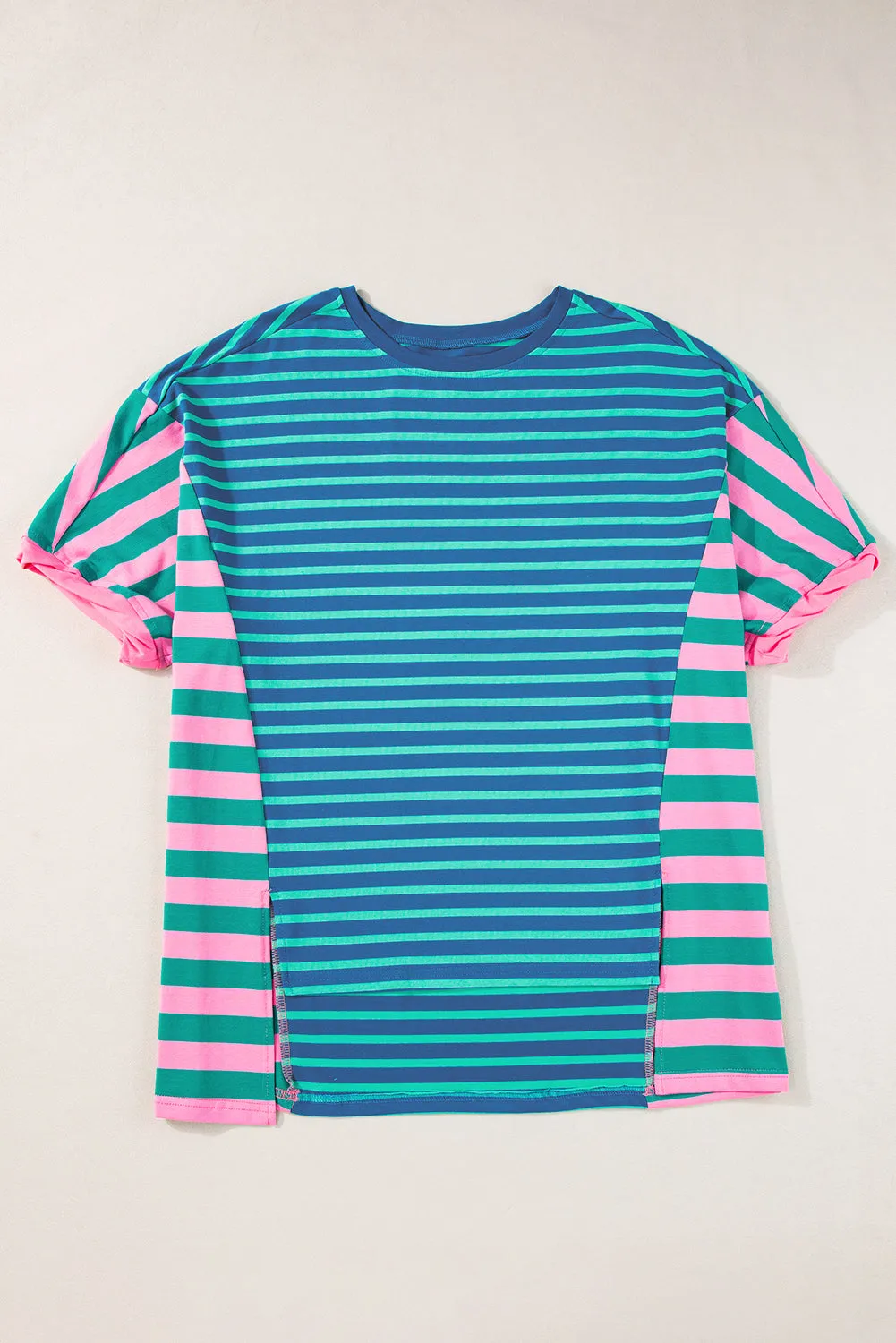 Blue Stripe Patchwork Slits Baggy T-Shirt – Relaxed, Bold, and Full of Vibes