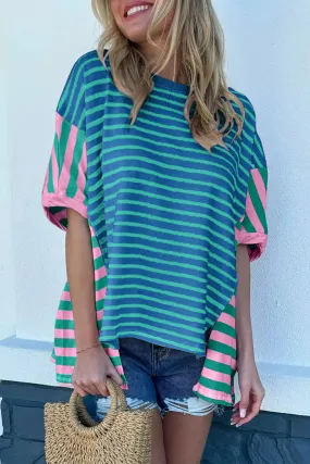 Blue Stripe Patchwork Slits Baggy T-Shirt – Relaxed, Bold, and Full of Vibes