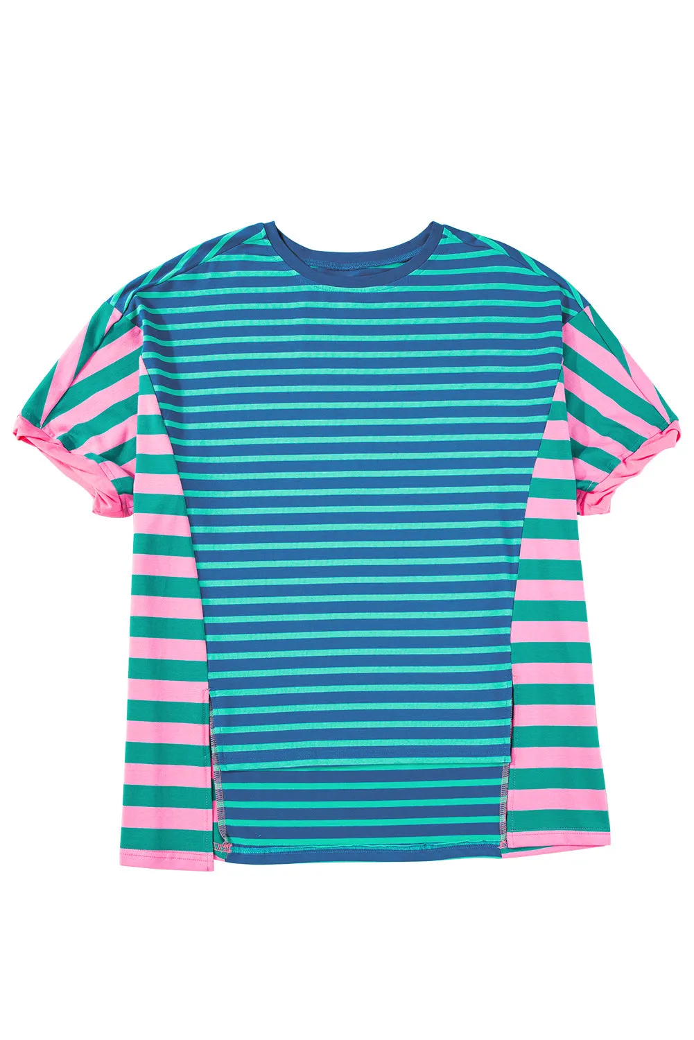 Blue Stripe Patchwork Slits Baggy T-Shirt – Relaxed, Bold, and Full of Vibes