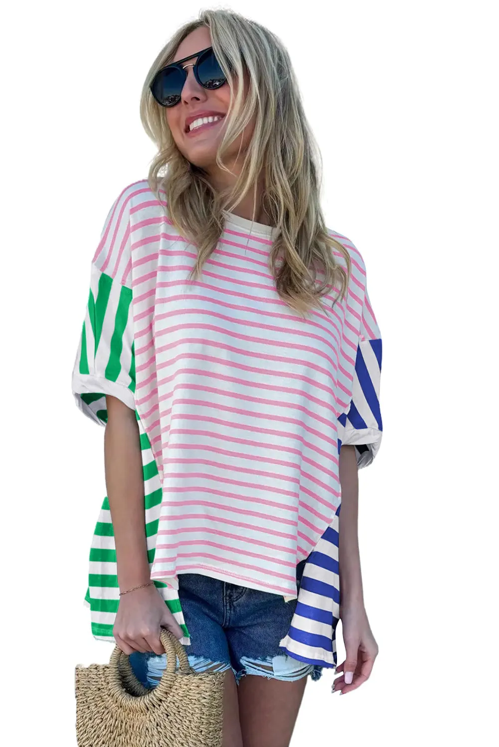 Blue Stripe Patchwork Slits Baggy T-Shirt – Relaxed, Bold, and Full of Vibes