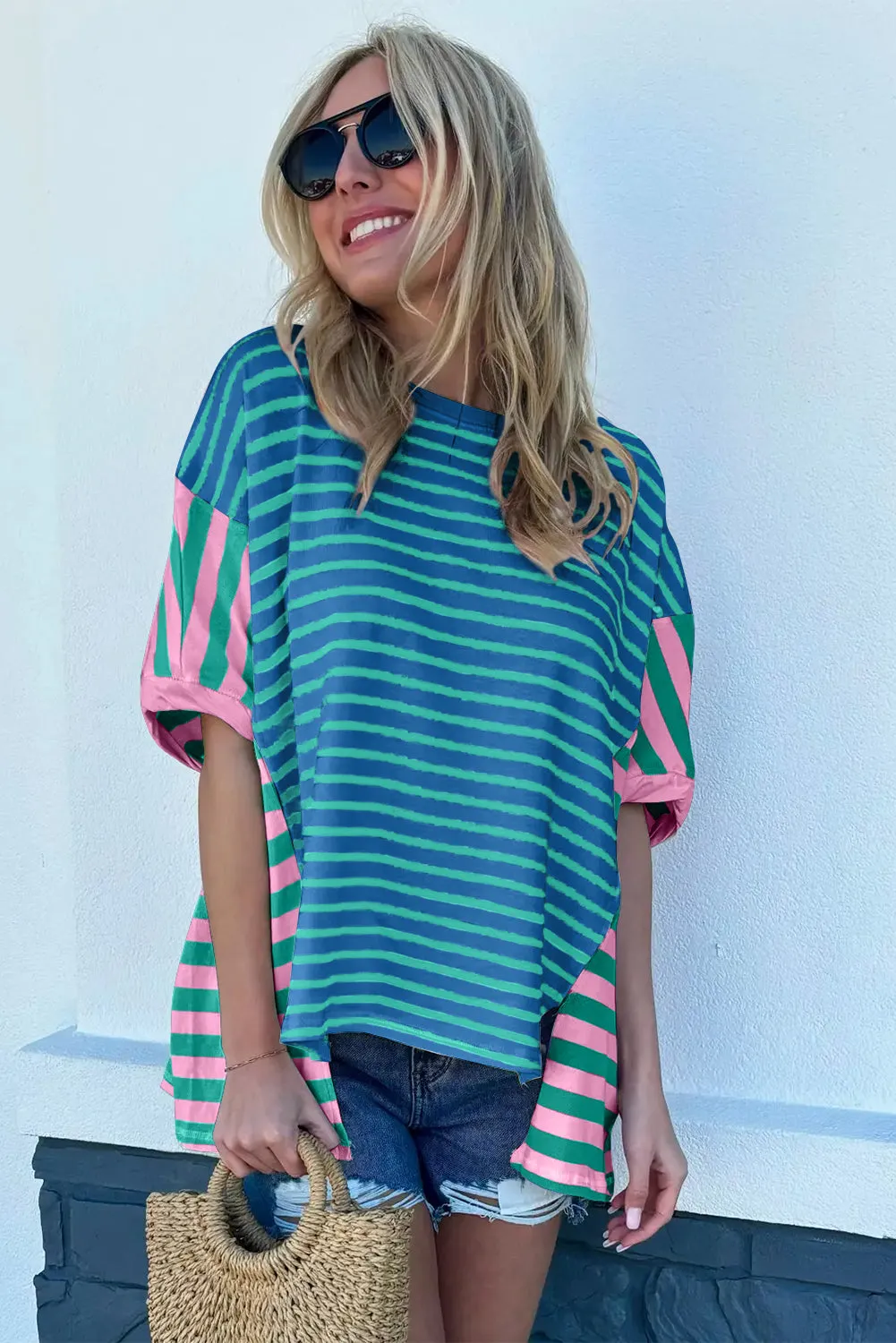 Blue Stripe Patchwork Slits Baggy T-Shirt – Relaxed, Bold, and Full of Vibes