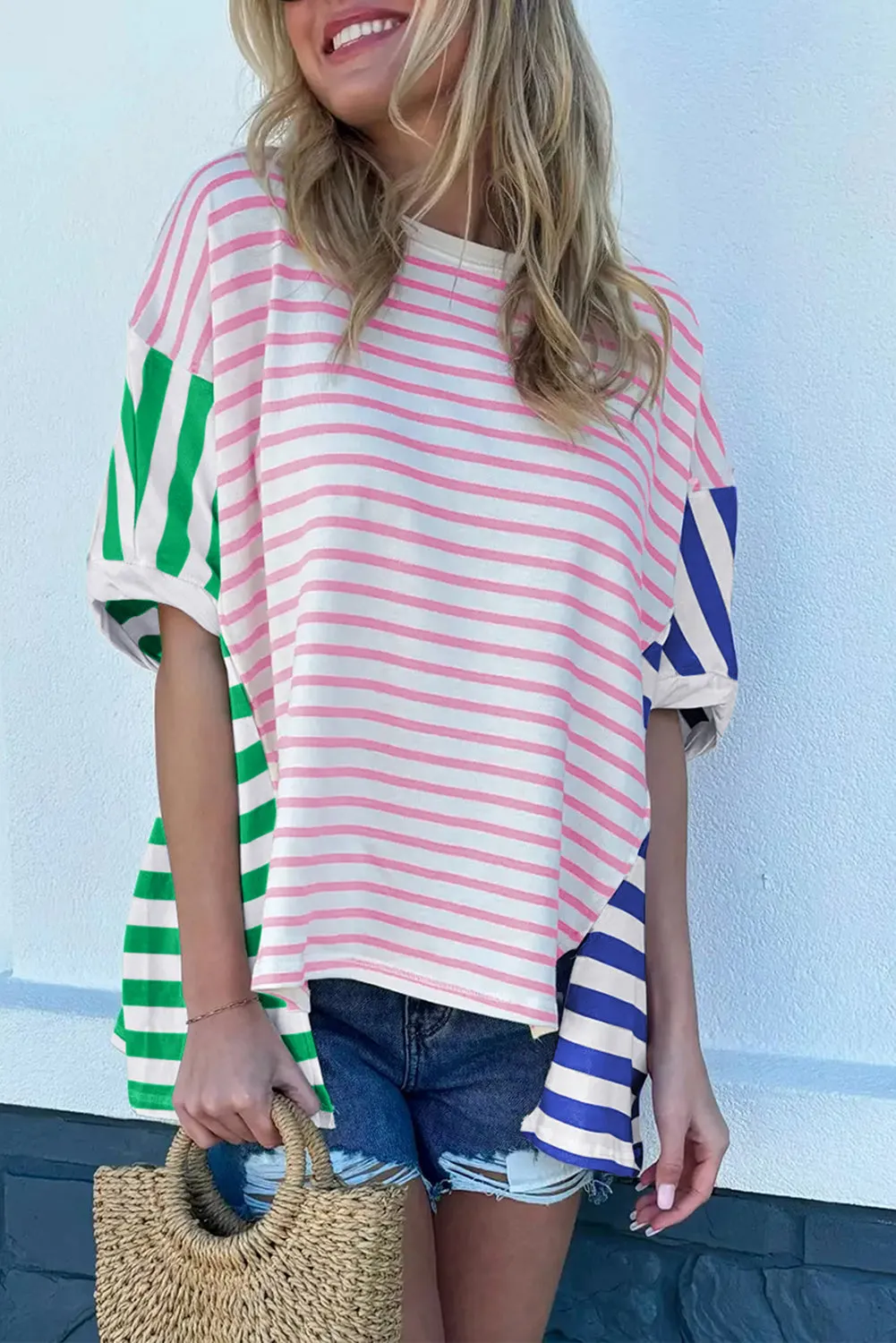 Blue Stripe Patchwork Slits Baggy T-Shirt – Relaxed, Bold, and Full of Vibes