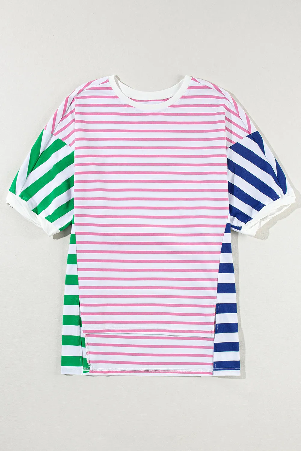 Blue Stripe Patchwork Slits Baggy T-Shirt – Relaxed, Bold, and Full of Vibes