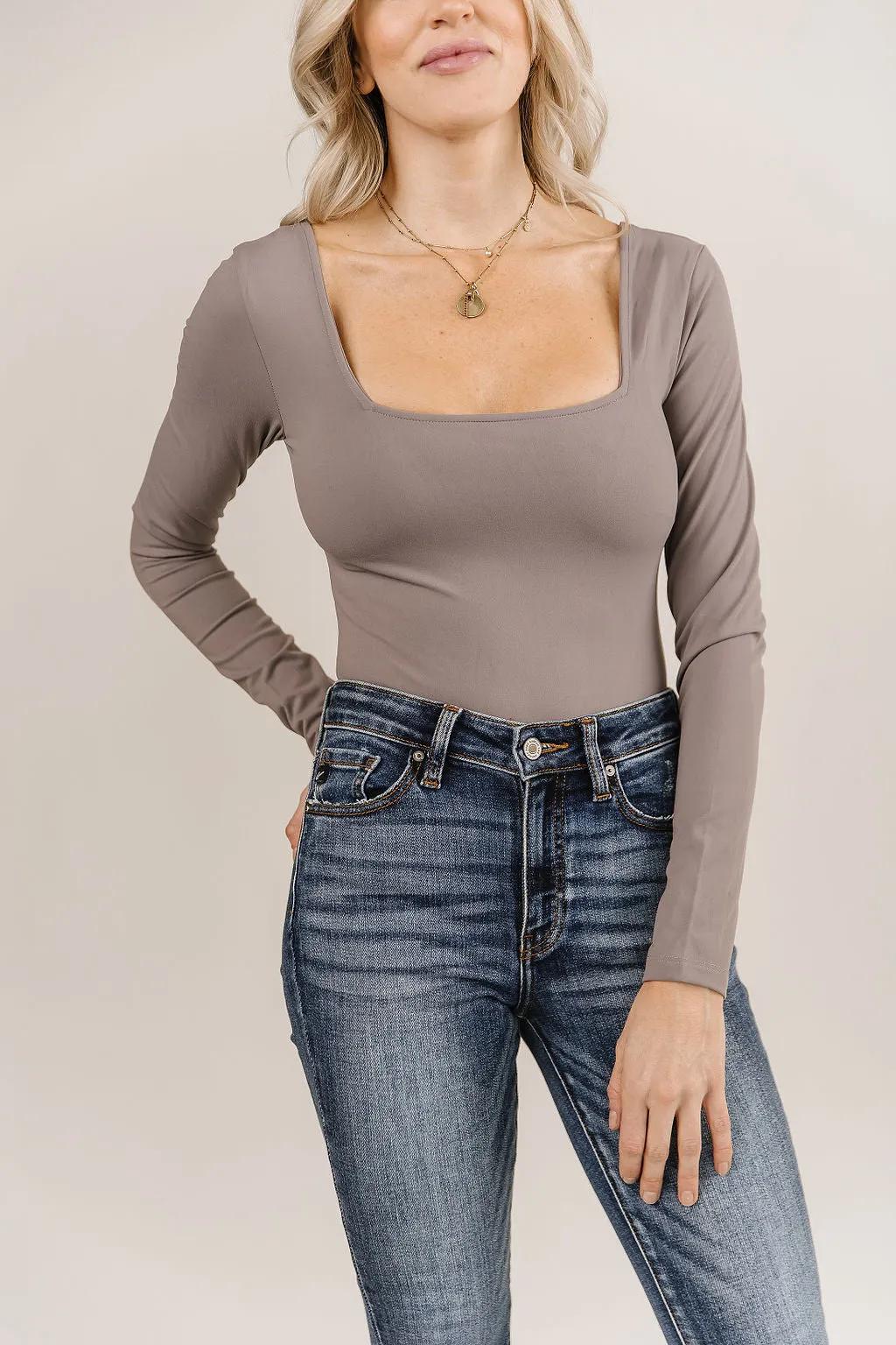 Bodysuit- Long Sleeve Square Neck- Charcoal