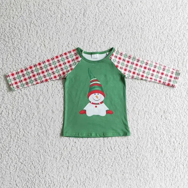 Boys Shirt - Christmas - Snowman Plaid Green to 14/16