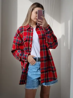 Bright Gingham Oversized Shirts For Women Street Style Casual Shacket Blouses And Tops Single-Breasted Spring 2023