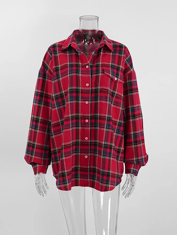 Bright Gingham Oversized Shirts For Women Street Style Casual Shacket Blouses And Tops Single-Breasted Spring 2023