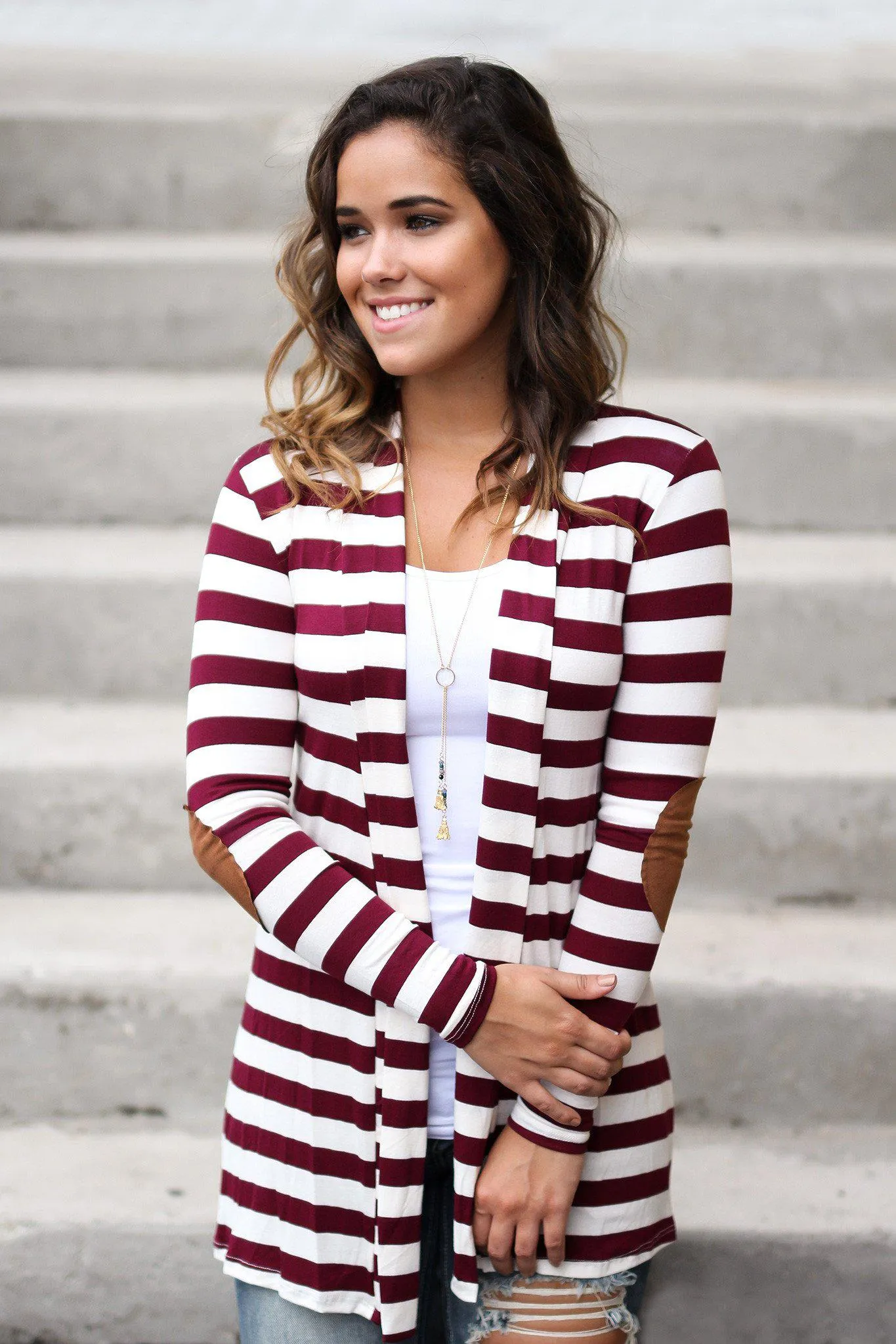 Burgundy And White Striped Cardigan