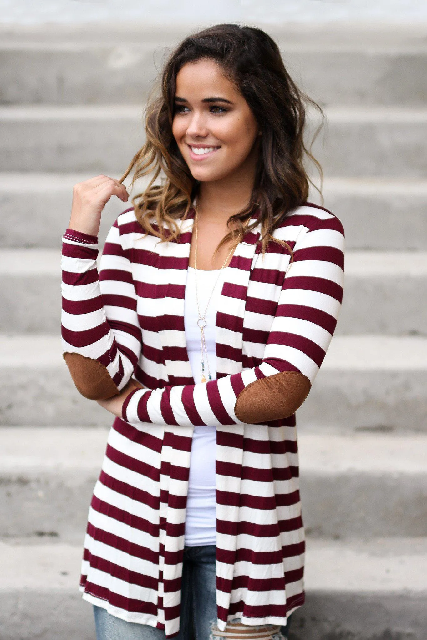 Burgundy And White Striped Cardigan