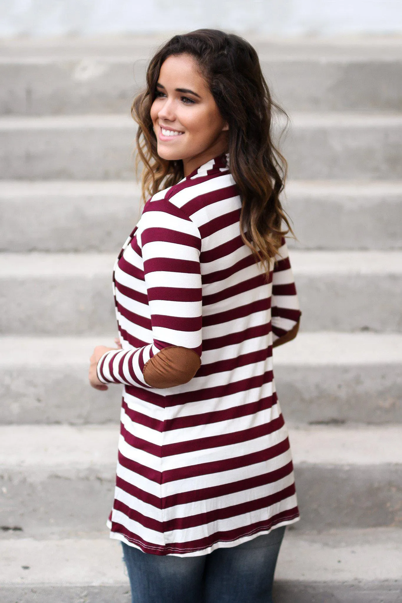 Burgundy And White Striped Cardigan