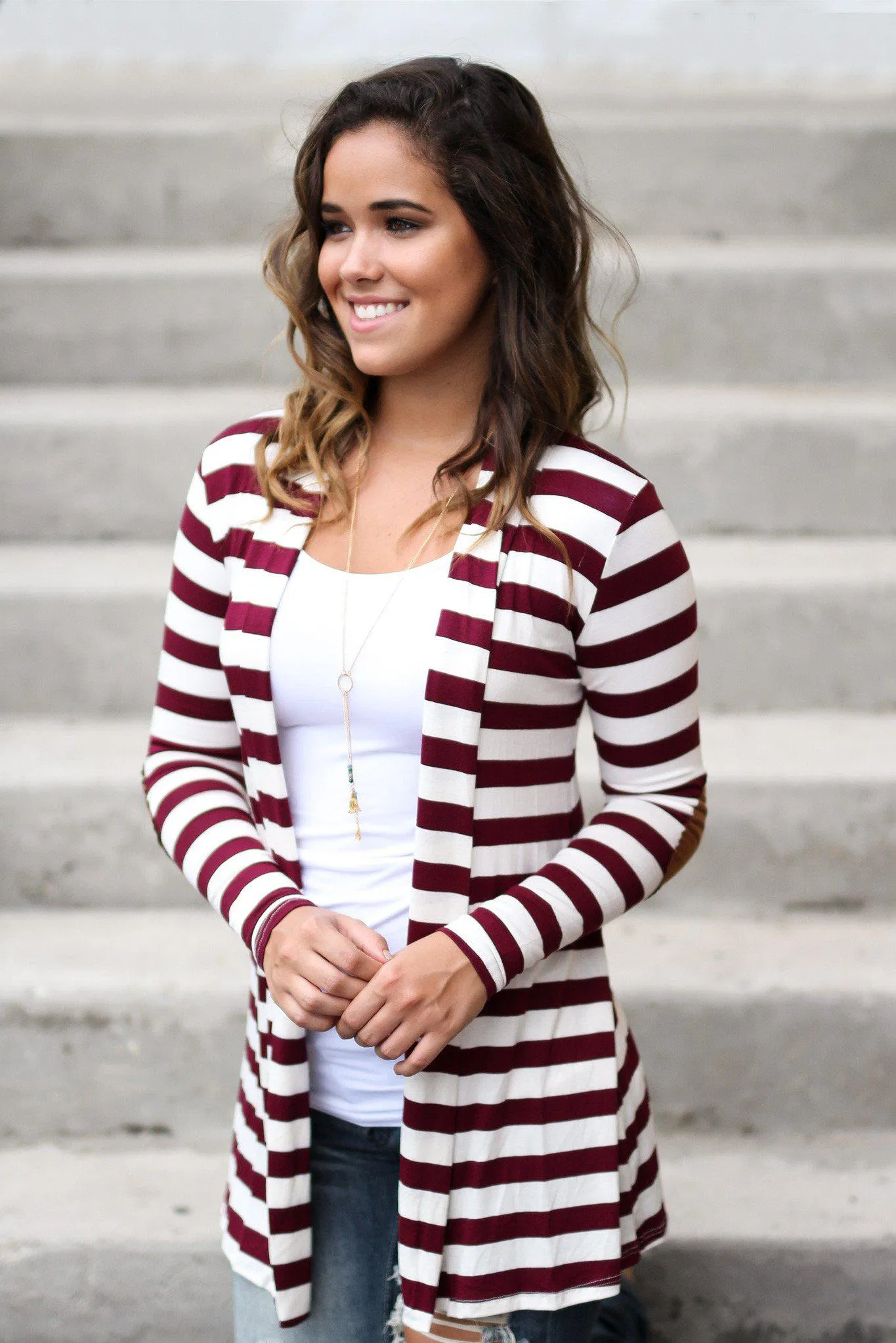 Burgundy And White Striped Cardigan