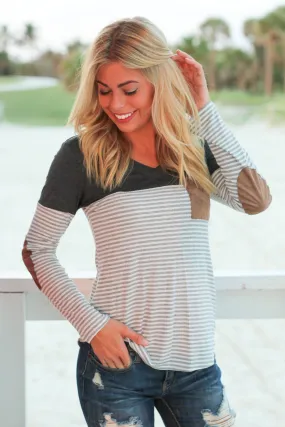 Charcoal Striped Top with Suede Pocket