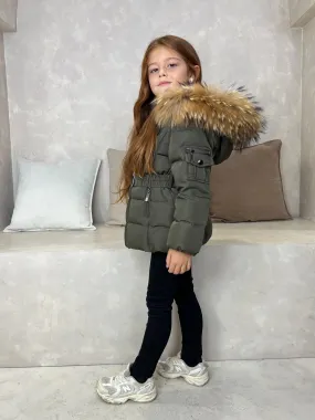 Childrens Khaki Luxury Fur Padded Belted Coat