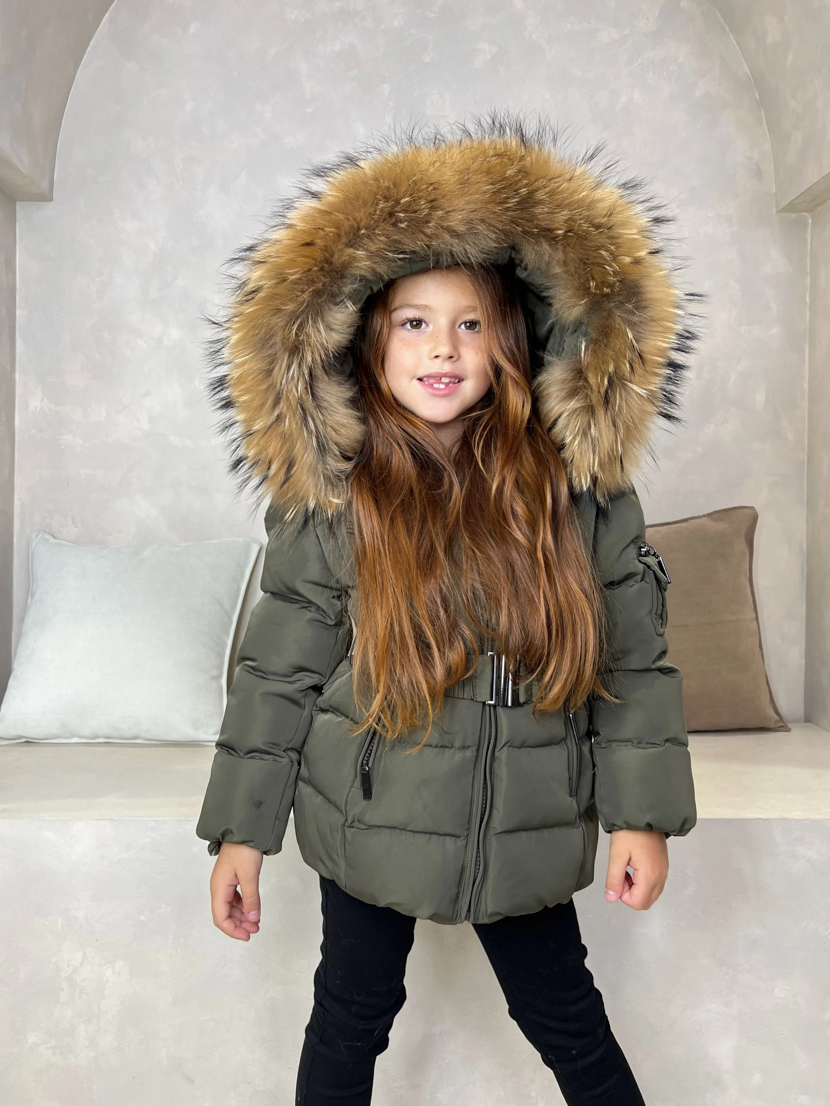 Childrens Khaki Luxury Fur Padded Belted Coat