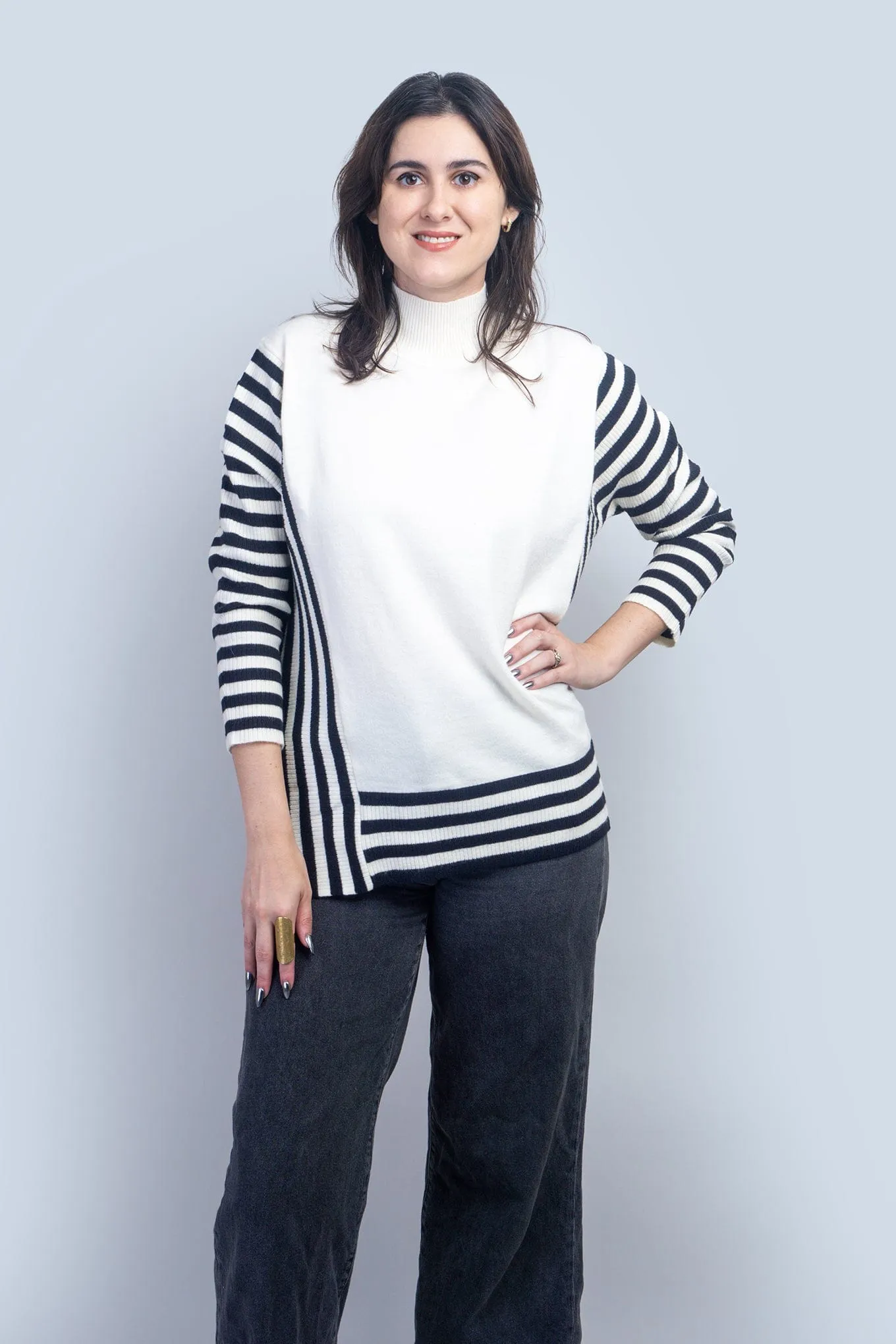 Cream Mock Neck Black Stripes Sweater Top