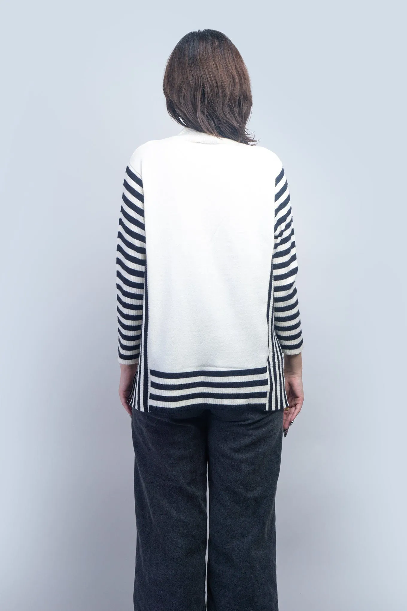 Cream Mock Neck Black Stripes Sweater Top