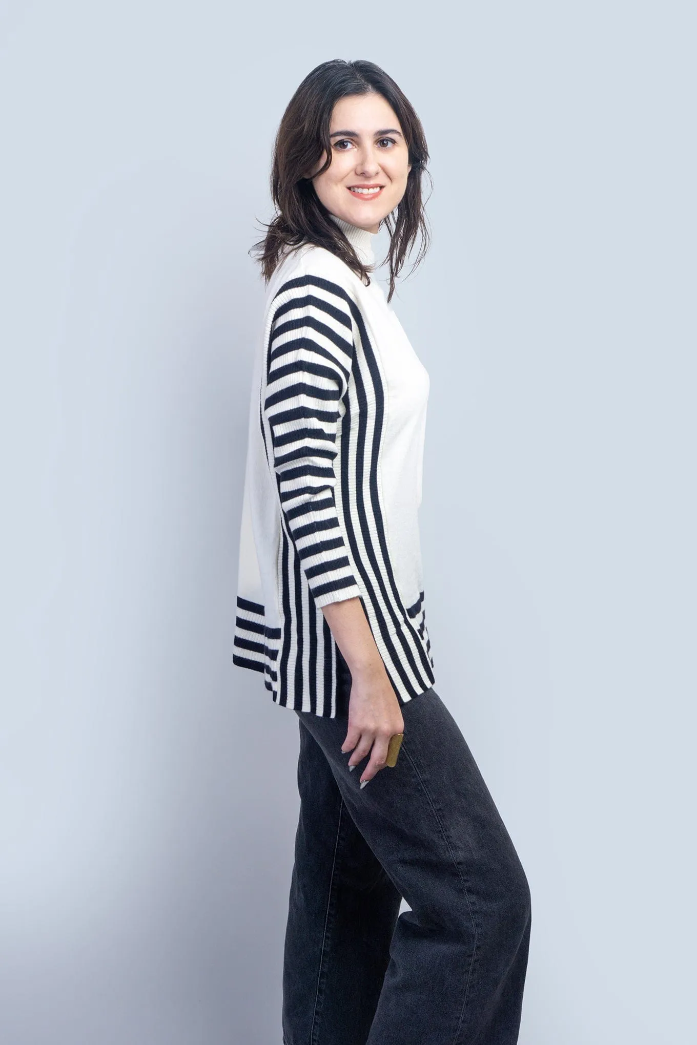 Cream Mock Neck Black Stripes Sweater Top