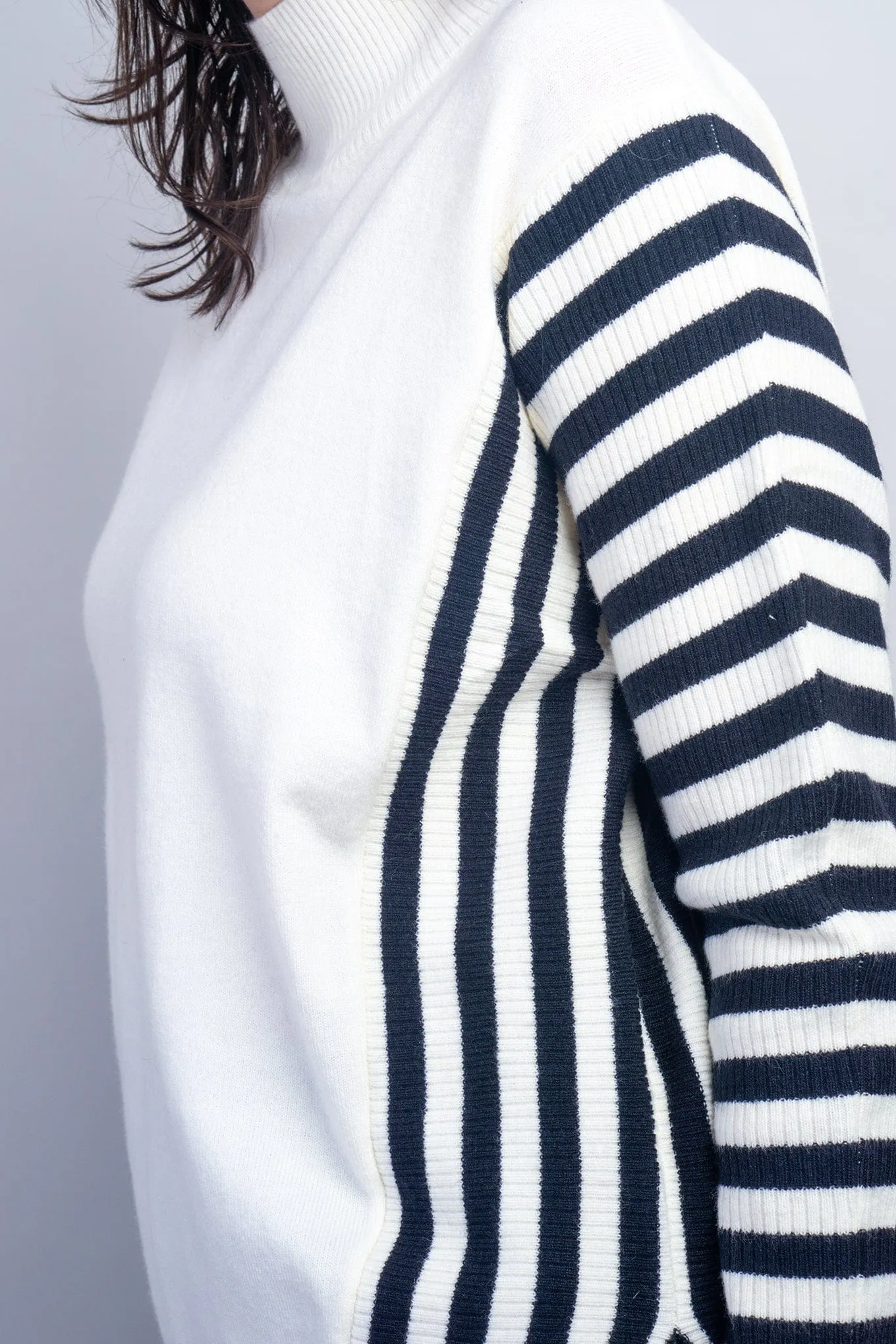 Cream Mock Neck Black Stripes Sweater Top