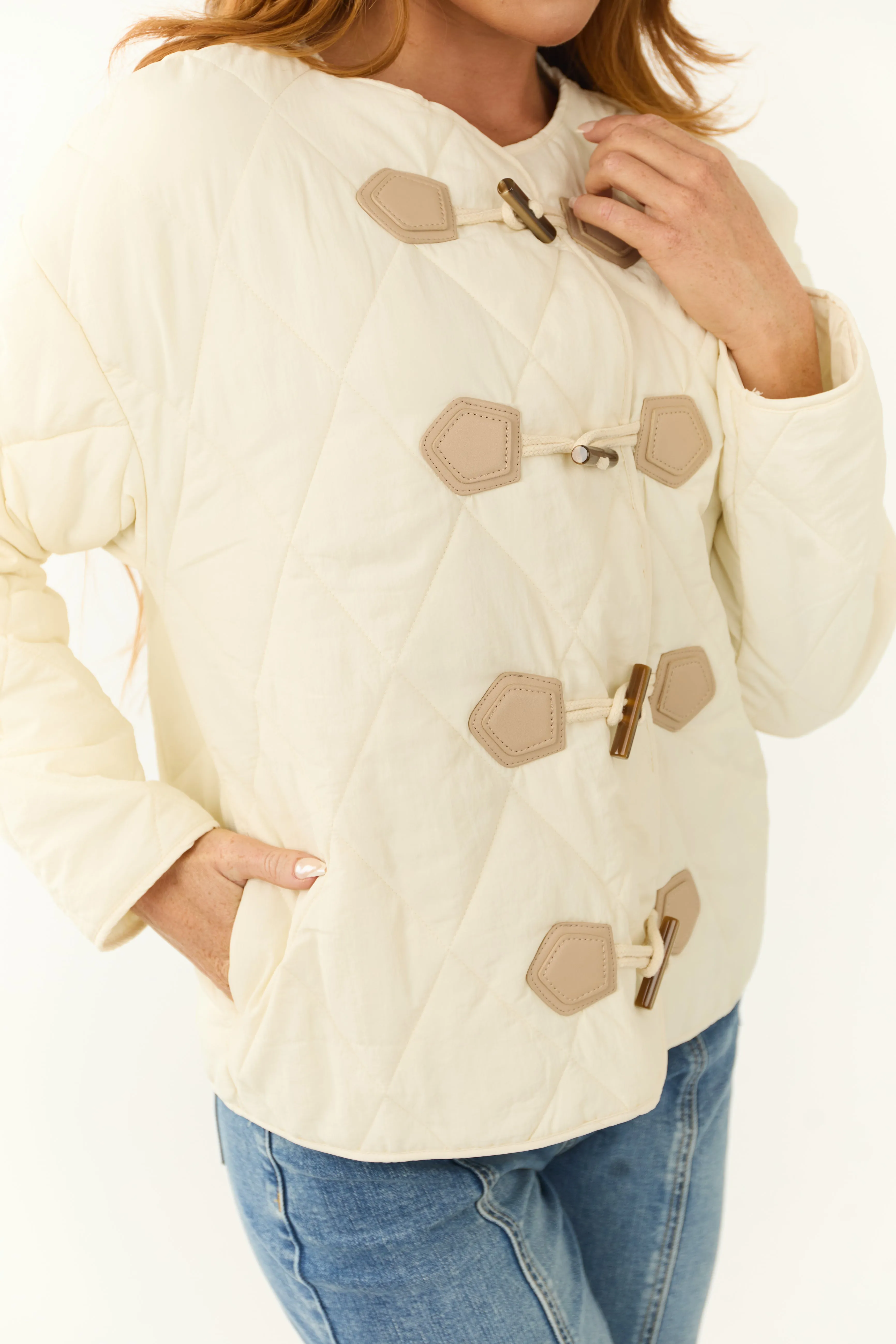 Cream Toggle Button Long Sleeve Quilted Jacket