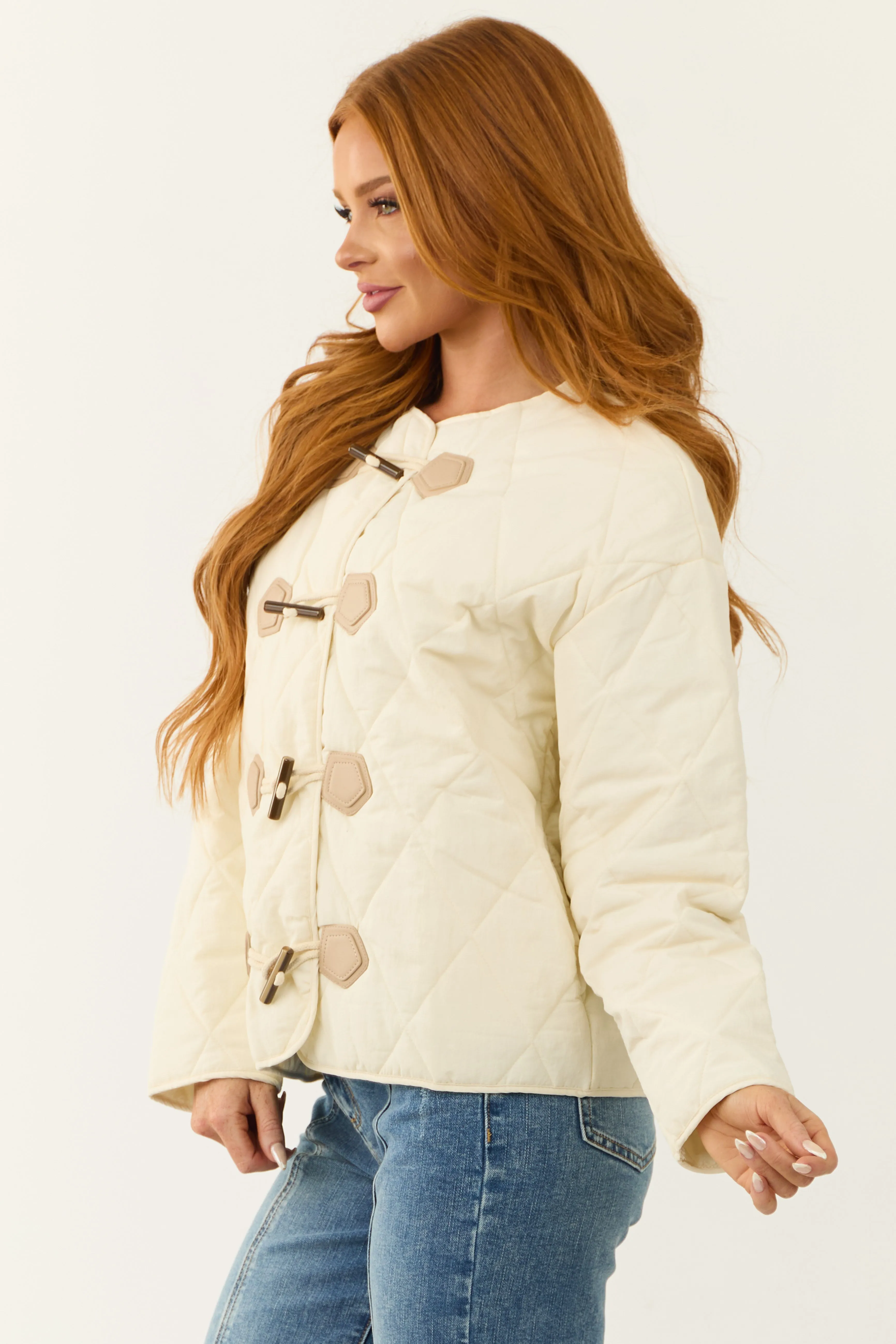 Cream Toggle Button Long Sleeve Quilted Jacket