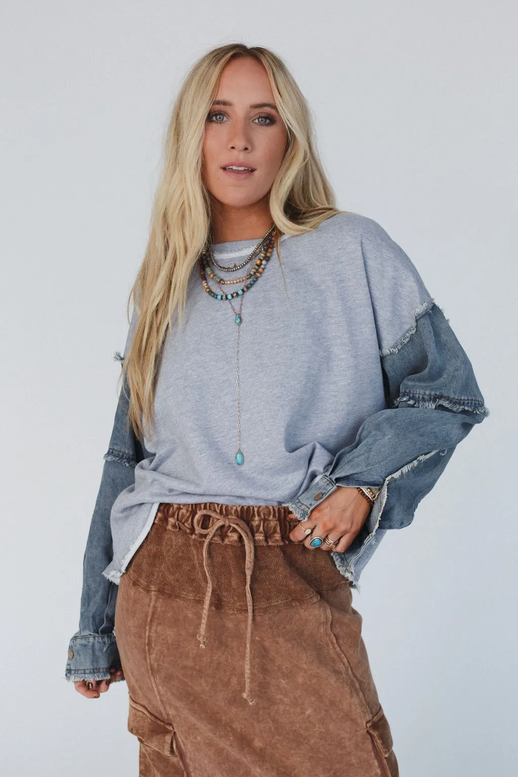 Denim Dream Pullover Top - Heather Gray