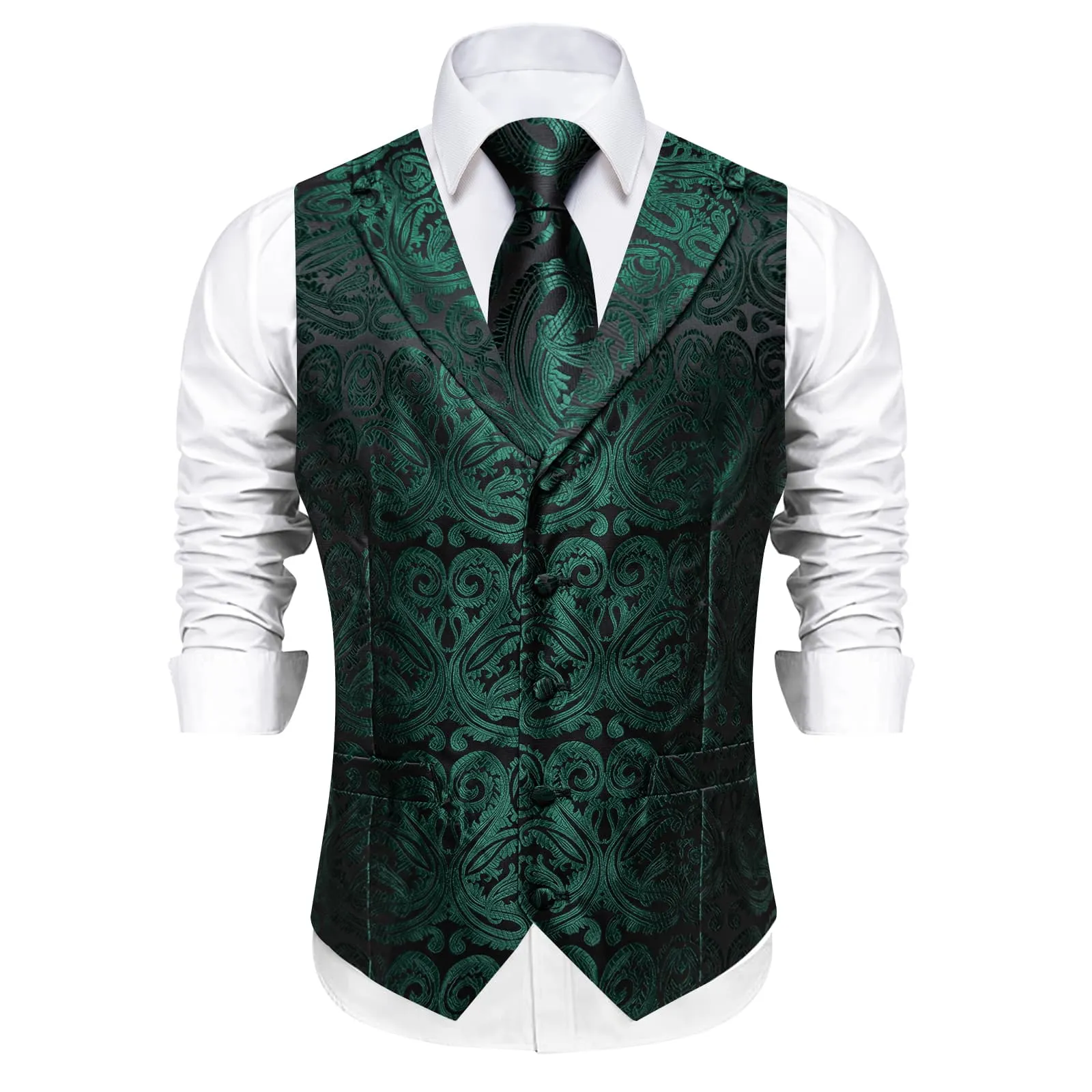 DiBanGu Dark Green Paisley Notched Collar Silk Mens Dress Vest Tie Set