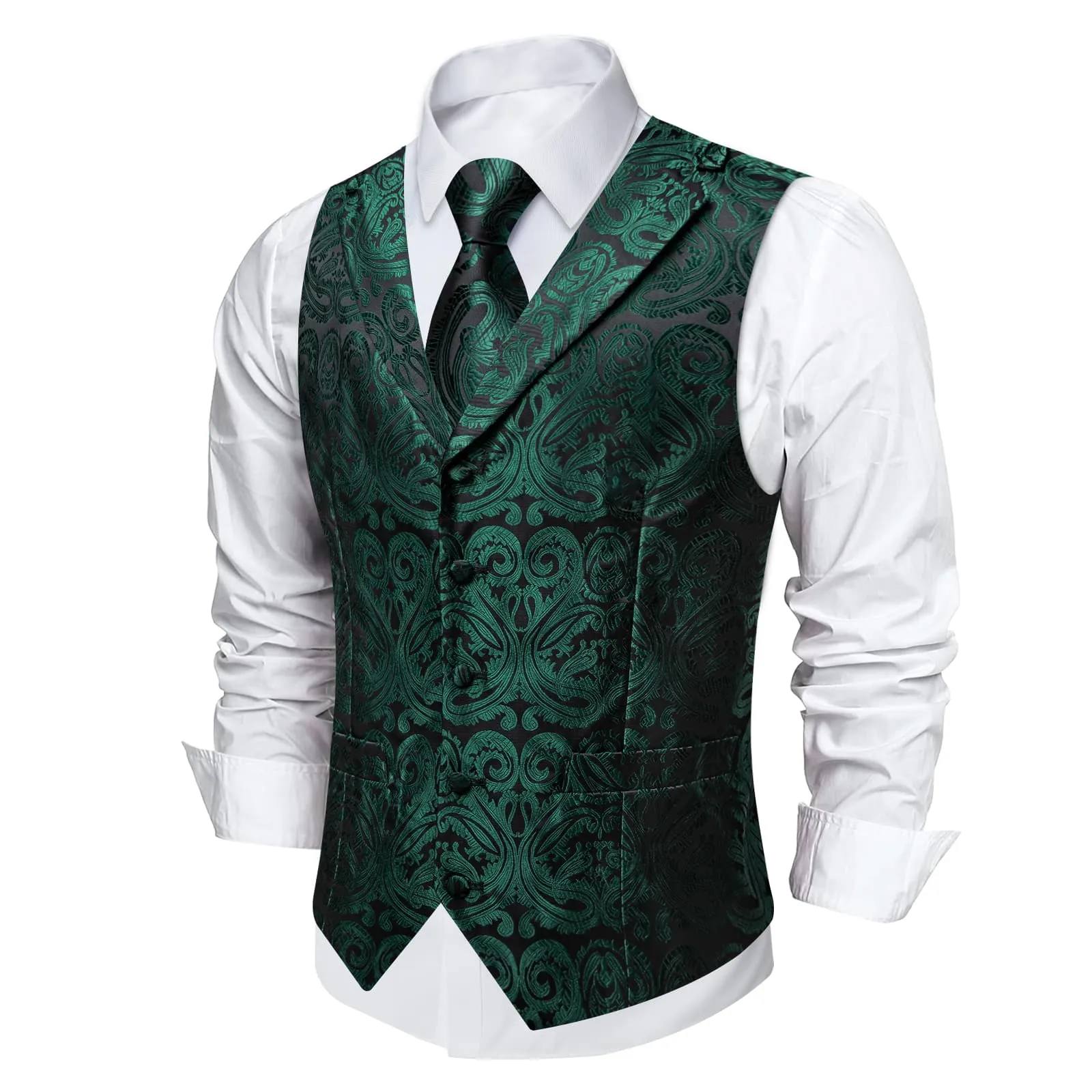 DiBanGu Dark Green Paisley Notched Collar Silk Mens Dress Vest Tie Set