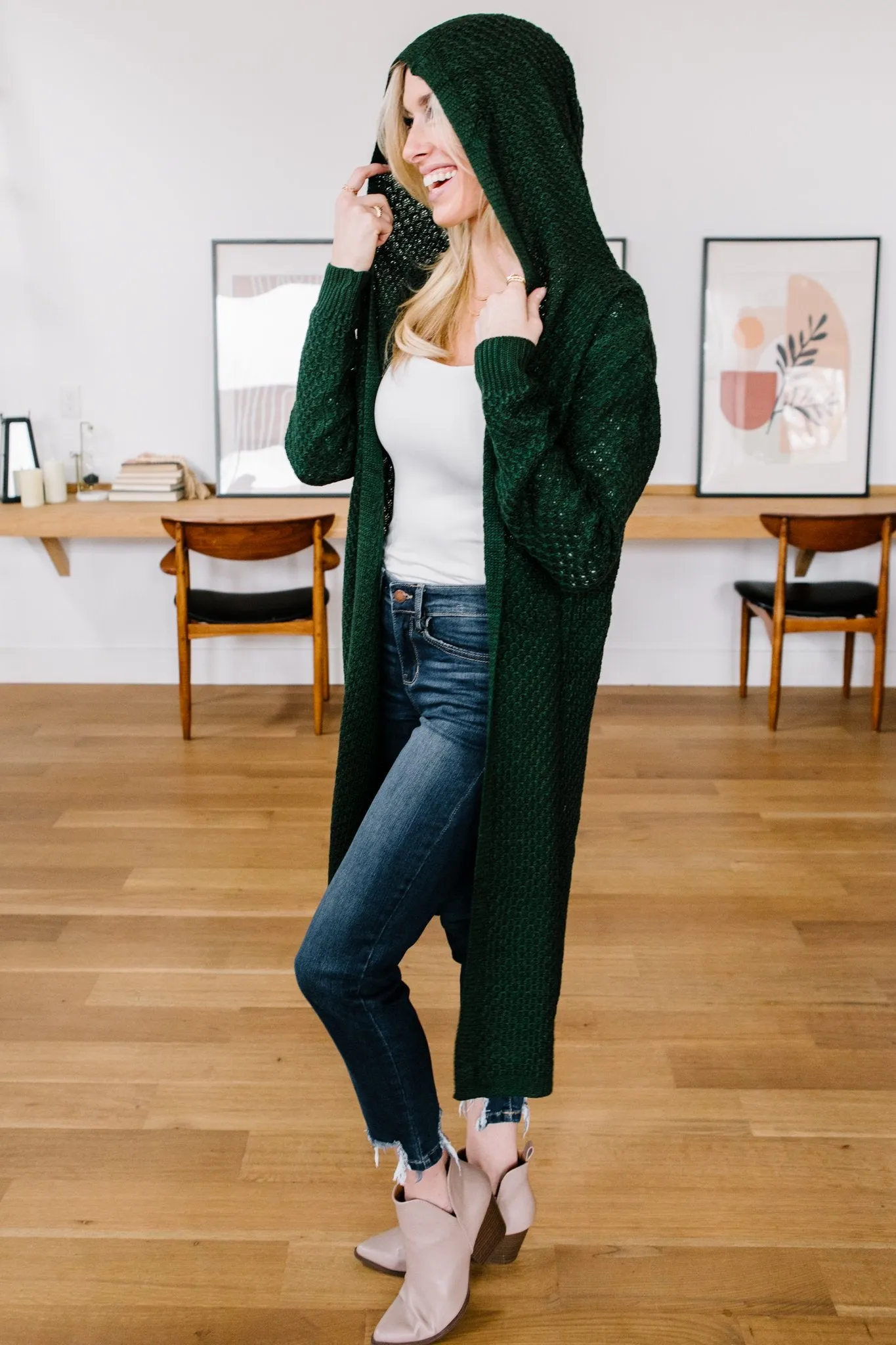 DOORBUSTER Hooded Cardigan in Hunter Green