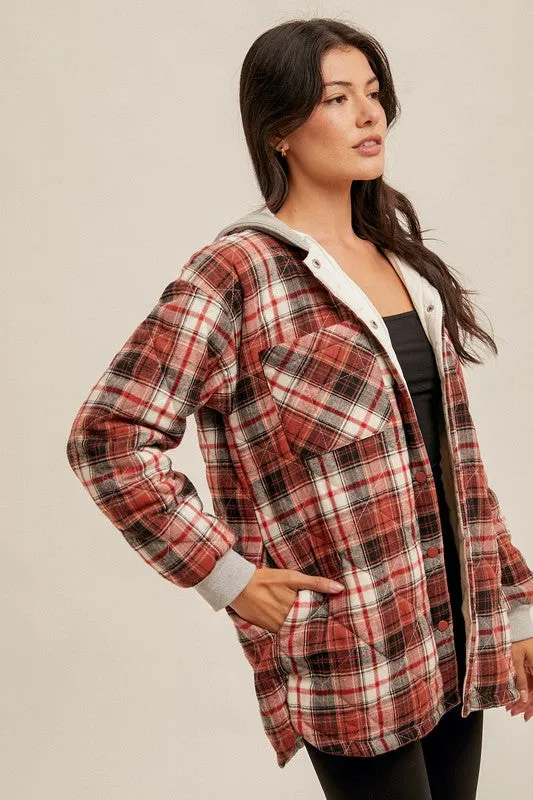 DRAKE QUILTED PLAID HOODIE INSET SNAP BUTTON JACKET