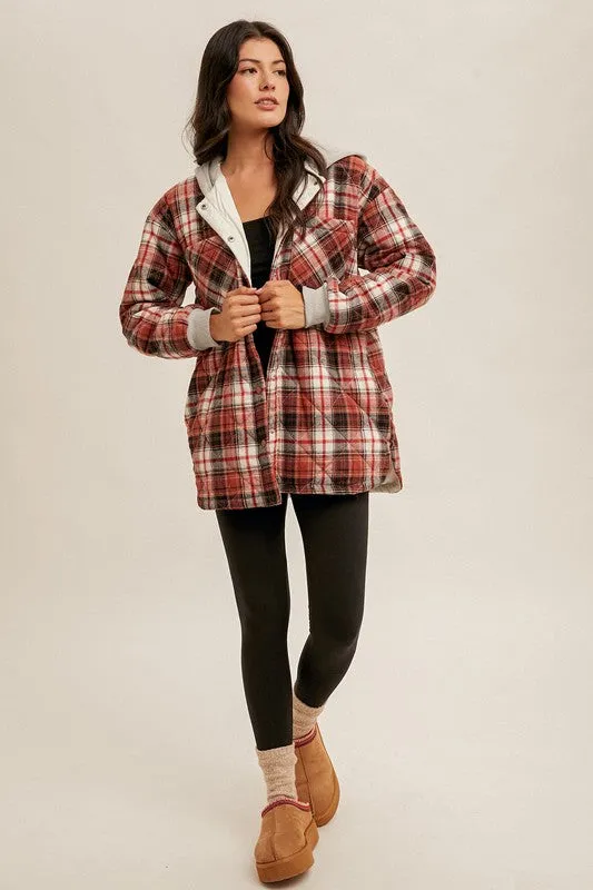 DRAKE QUILTED PLAID HOODIE INSET SNAP BUTTON JACKET