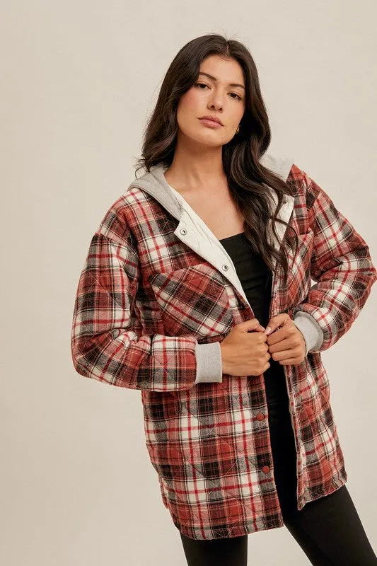 DRAKE QUILTED PLAID HOODIE INSET SNAP BUTTON JACKET