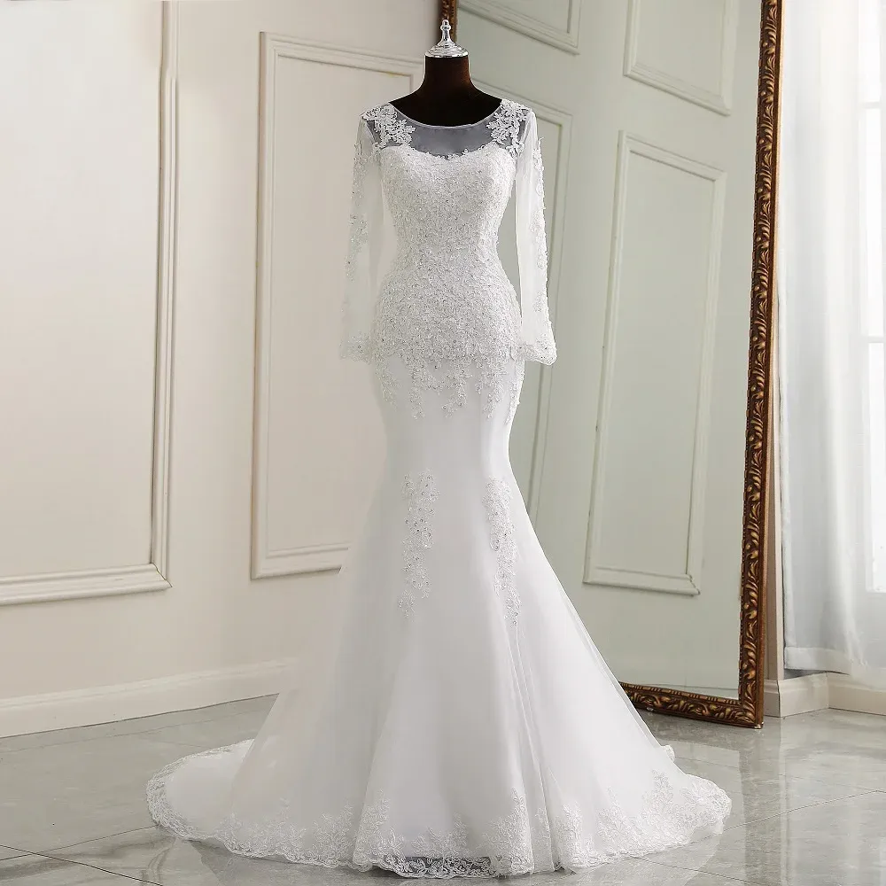 Elegant Long Sleeve Applique Mermaid Wedding Bridal Gown