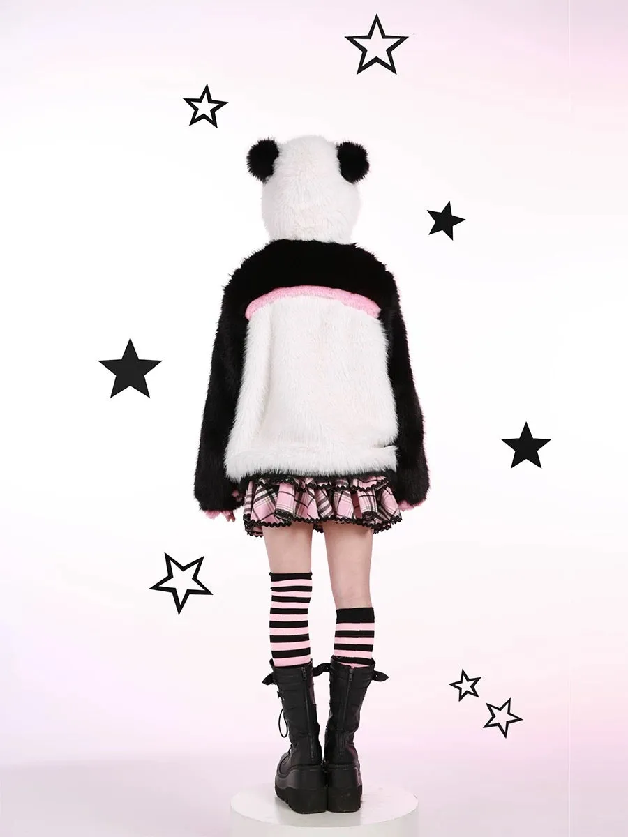 Evil Tooth Kawaii Panda Look Faux Fur Hoodie Coat