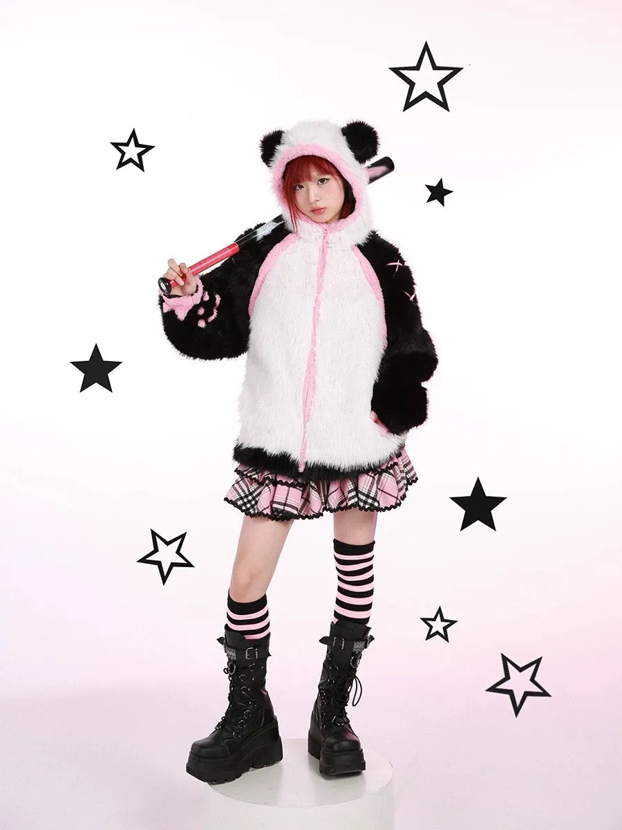 Evil Tooth Kawaii Panda Look Faux Fur Hoodie Coat