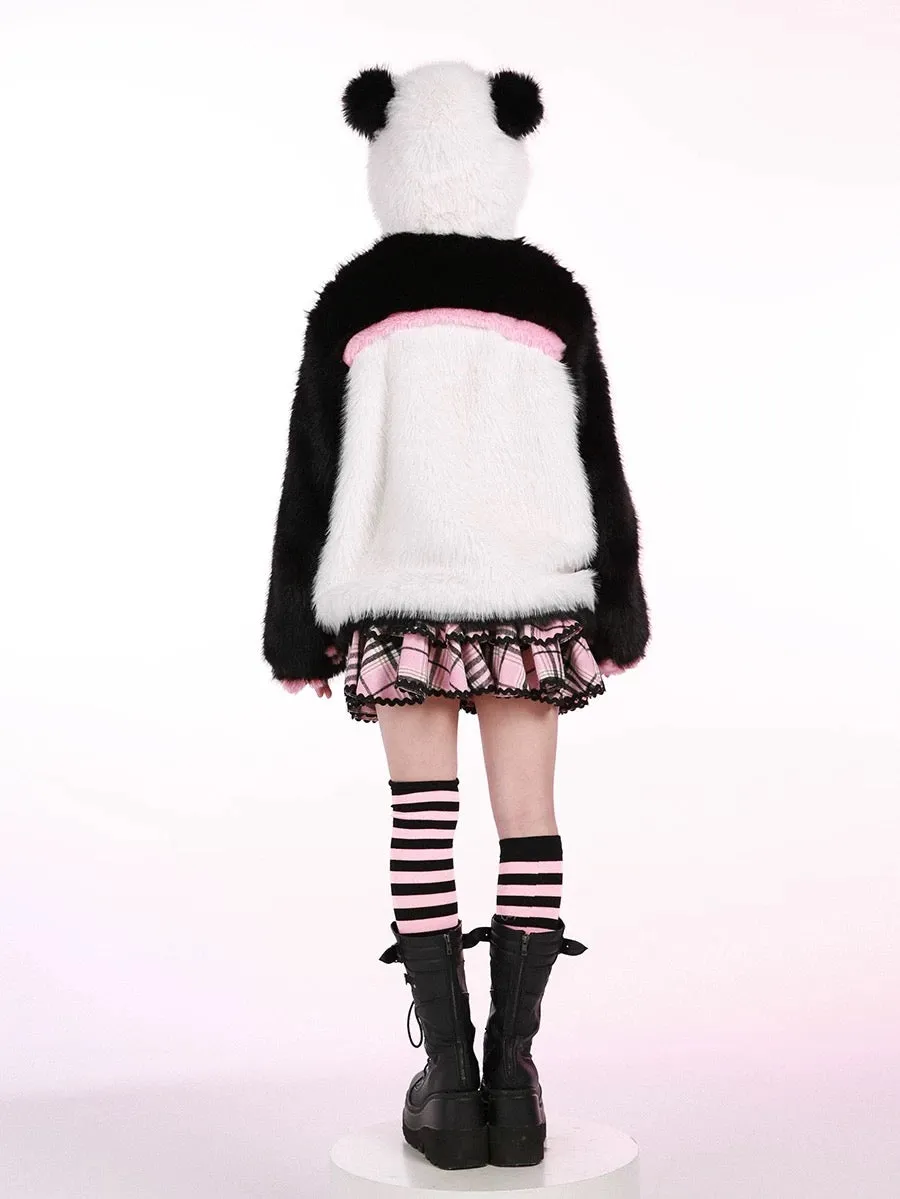 Evil Tooth Kawaii Panda Look Faux Fur Hoodie Coat