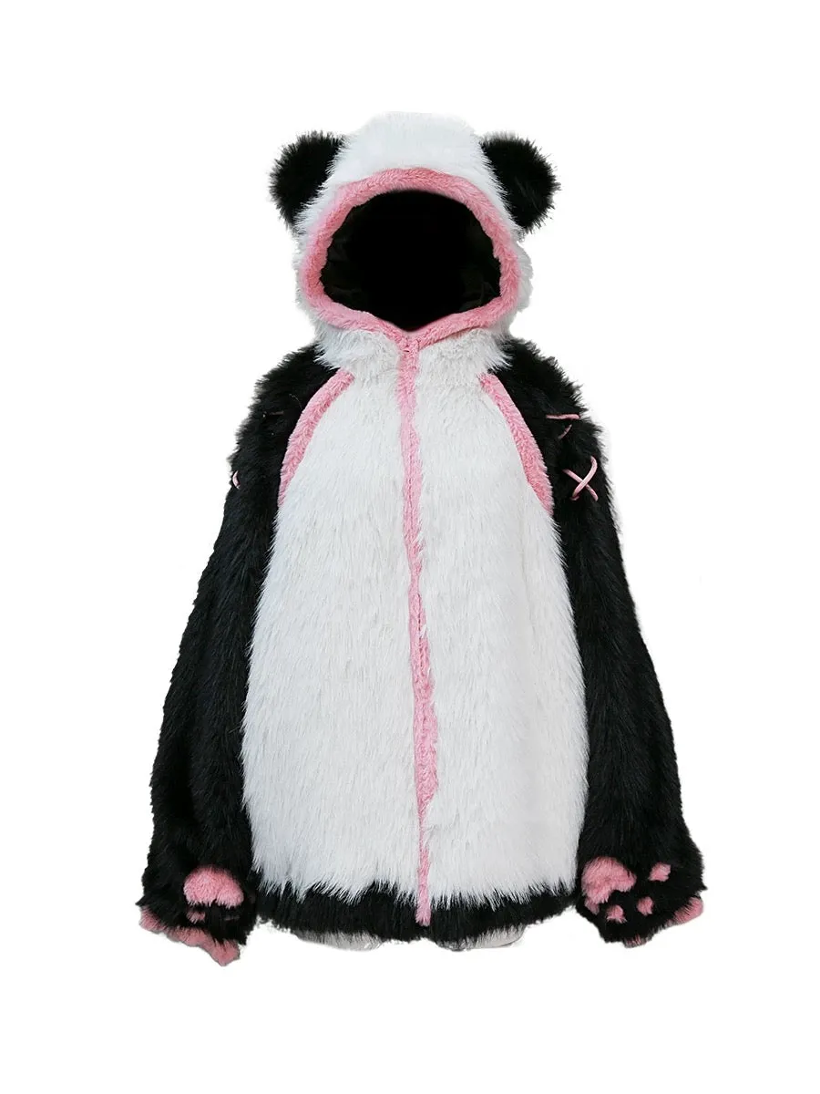 Evil Tooth Kawaii Panda Look Faux Fur Hoodie Coat