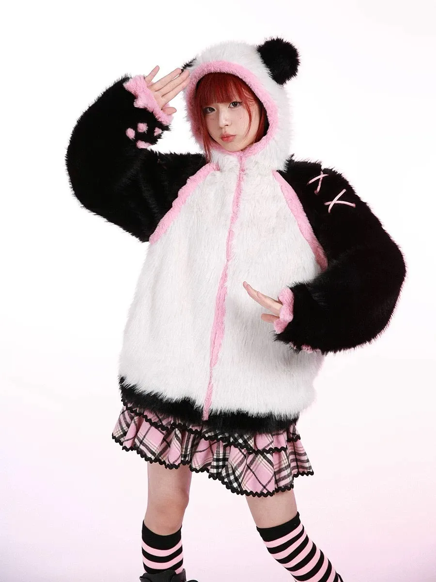 Evil Tooth Kawaii Panda Look Faux Fur Hoodie Coat