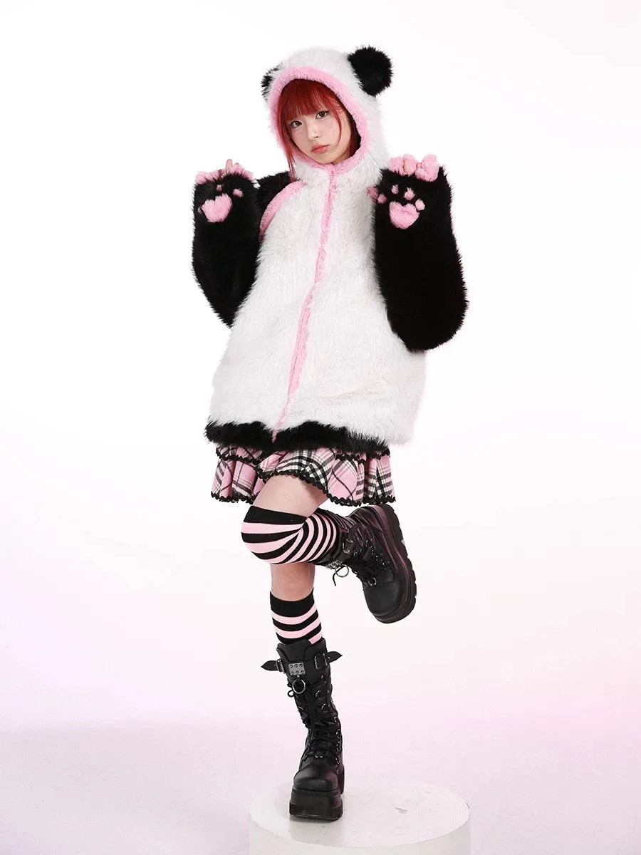 Evil Tooth Kawaii Panda Look Faux Fur Hoodie Coat