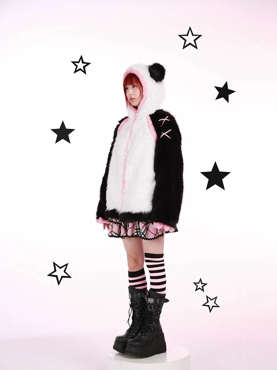 Evil Tooth Kawaii Panda Look Faux Fur Hoodie Coat