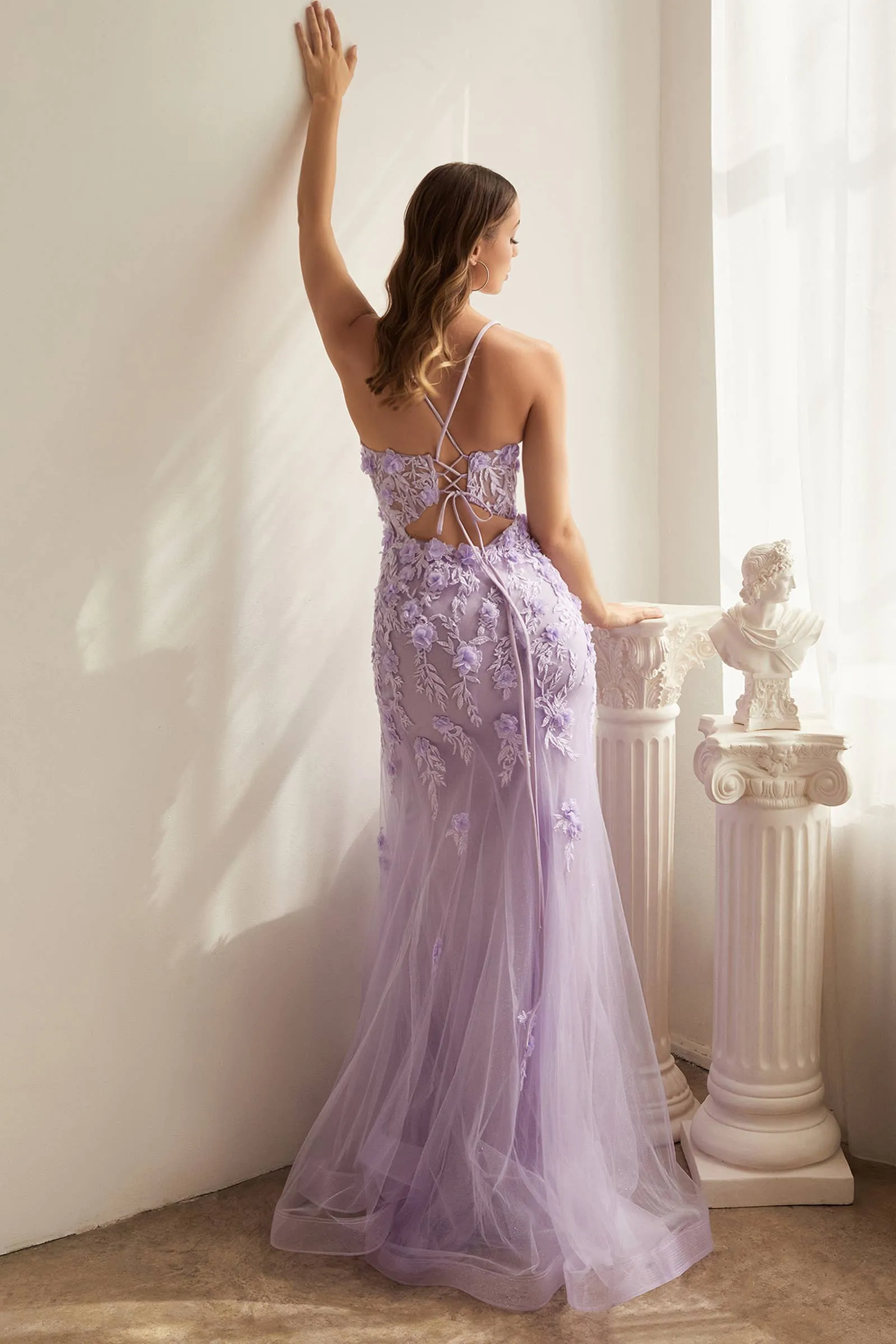 FITTED FLORAL APPLIQUE TULLE GOWN