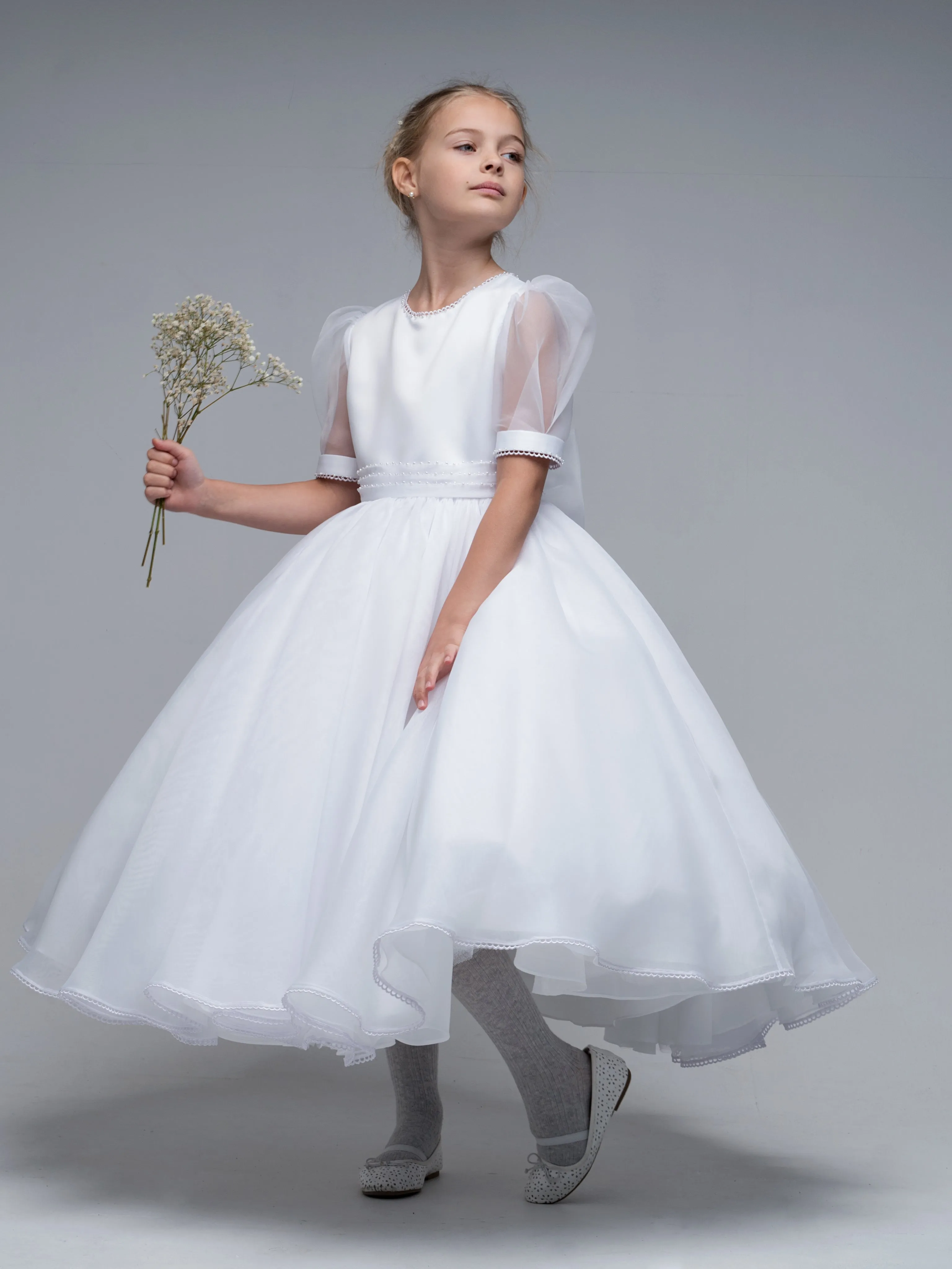 'Genevieve' White Organza Beaded Communion Dress