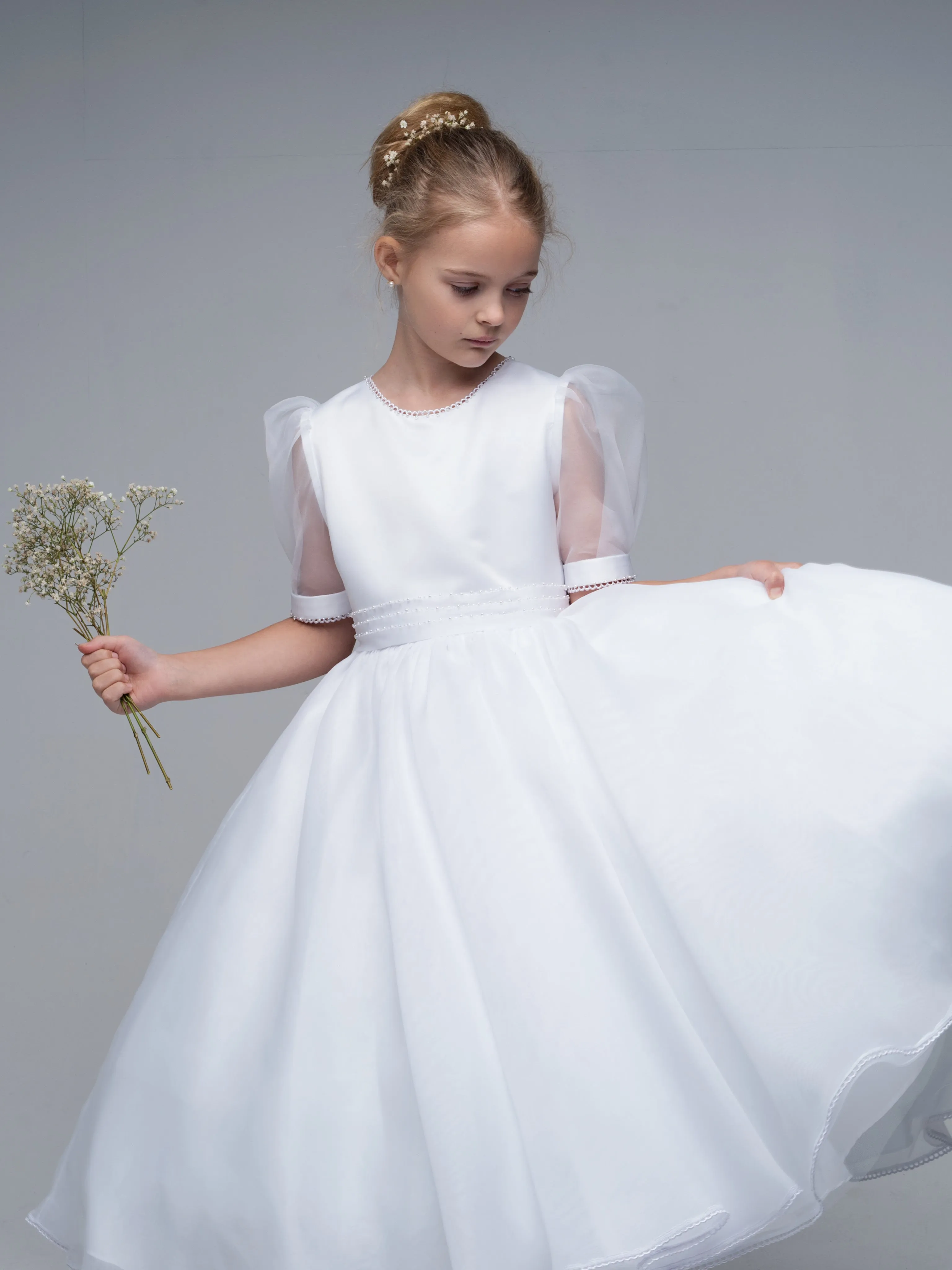 'Genevieve' White Organza Beaded Communion Dress