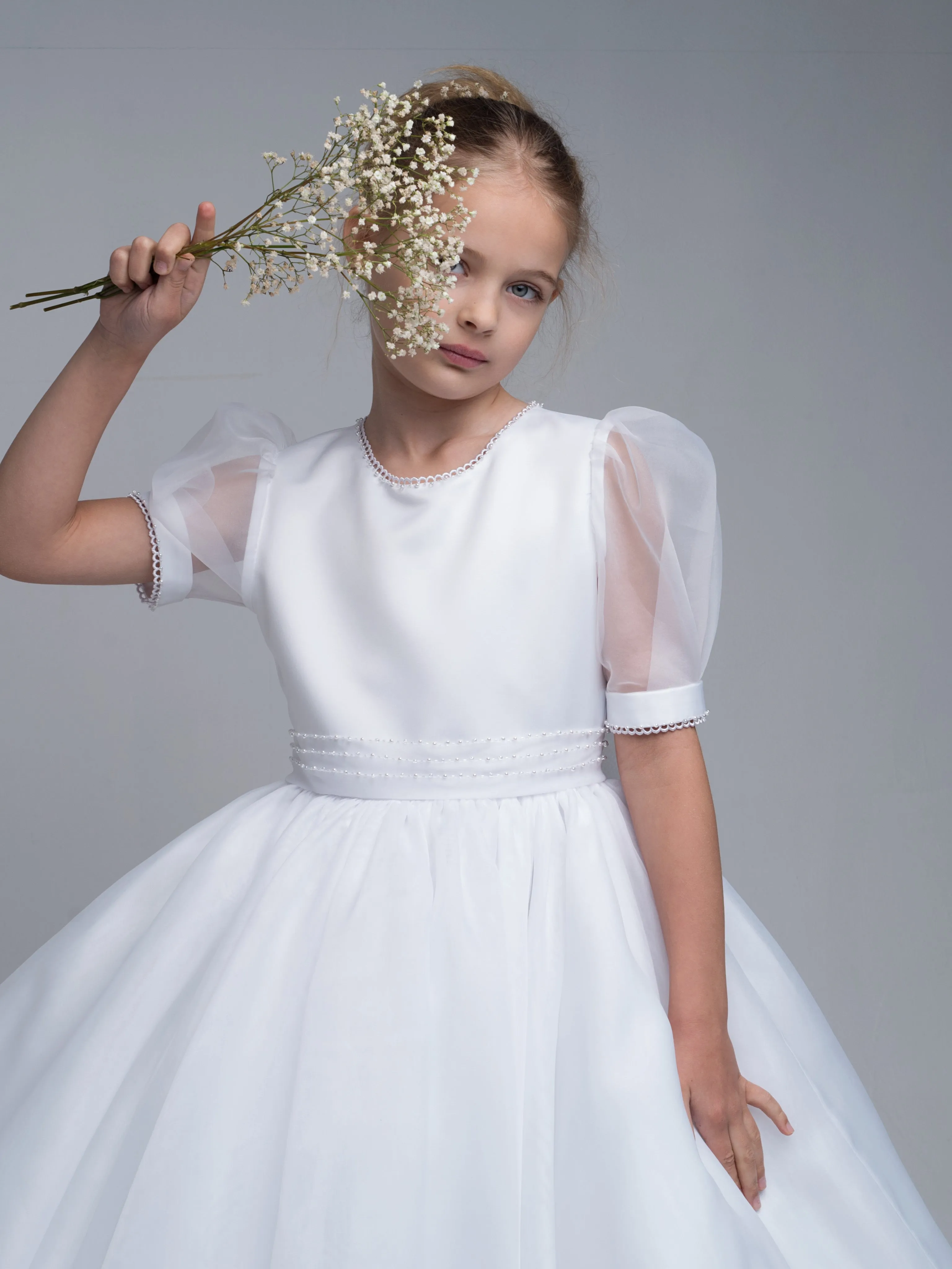 'Genevieve' White Organza Beaded Communion Dress