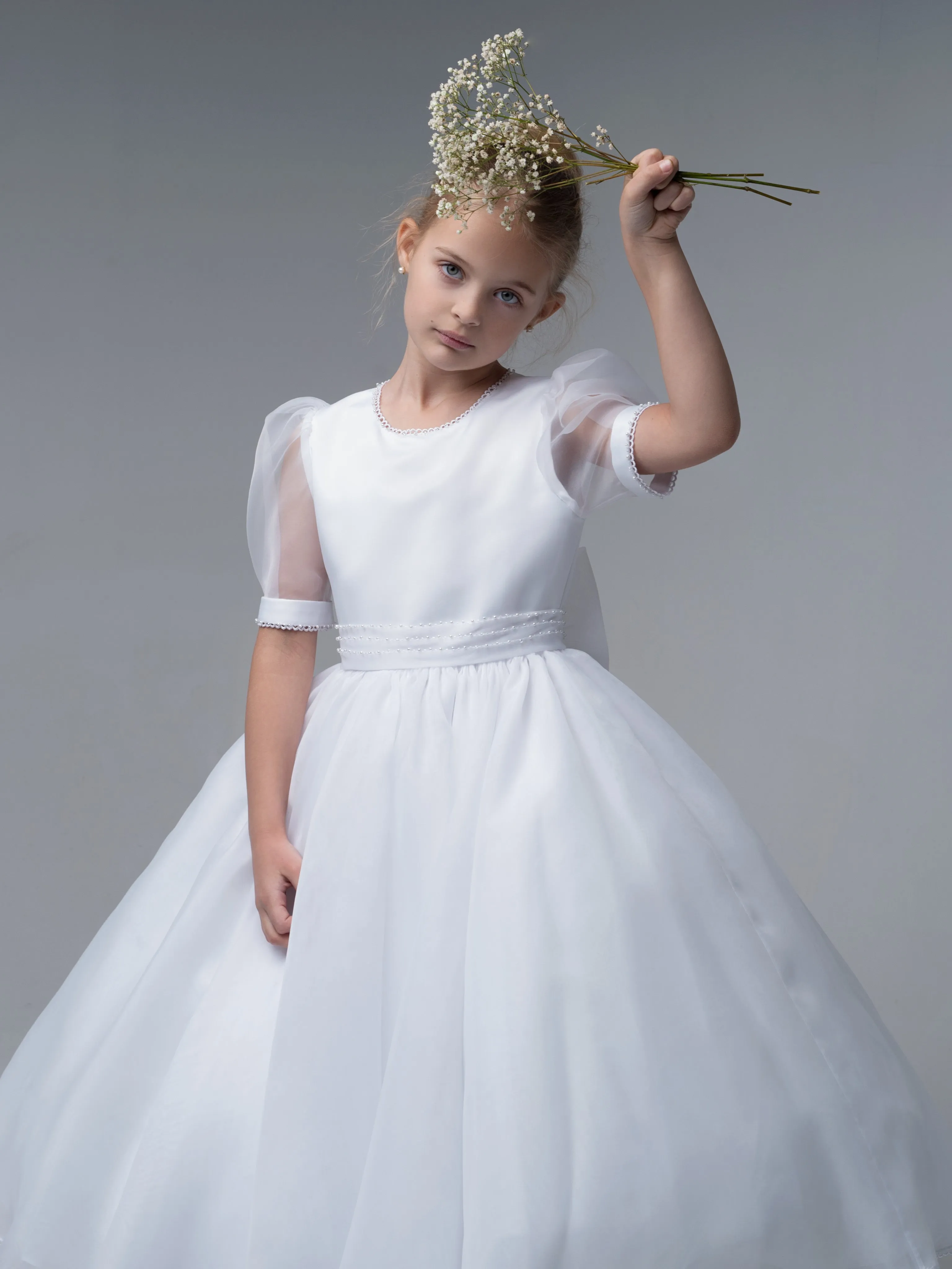 'Genevieve' White Organza Beaded Communion Dress