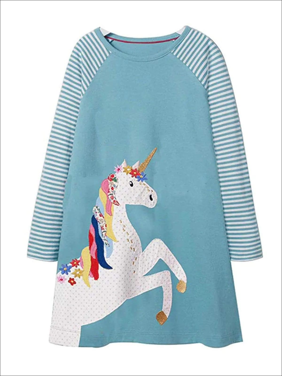 Girls Casual Striped Long Sleeve Unicorn Shirt Dress