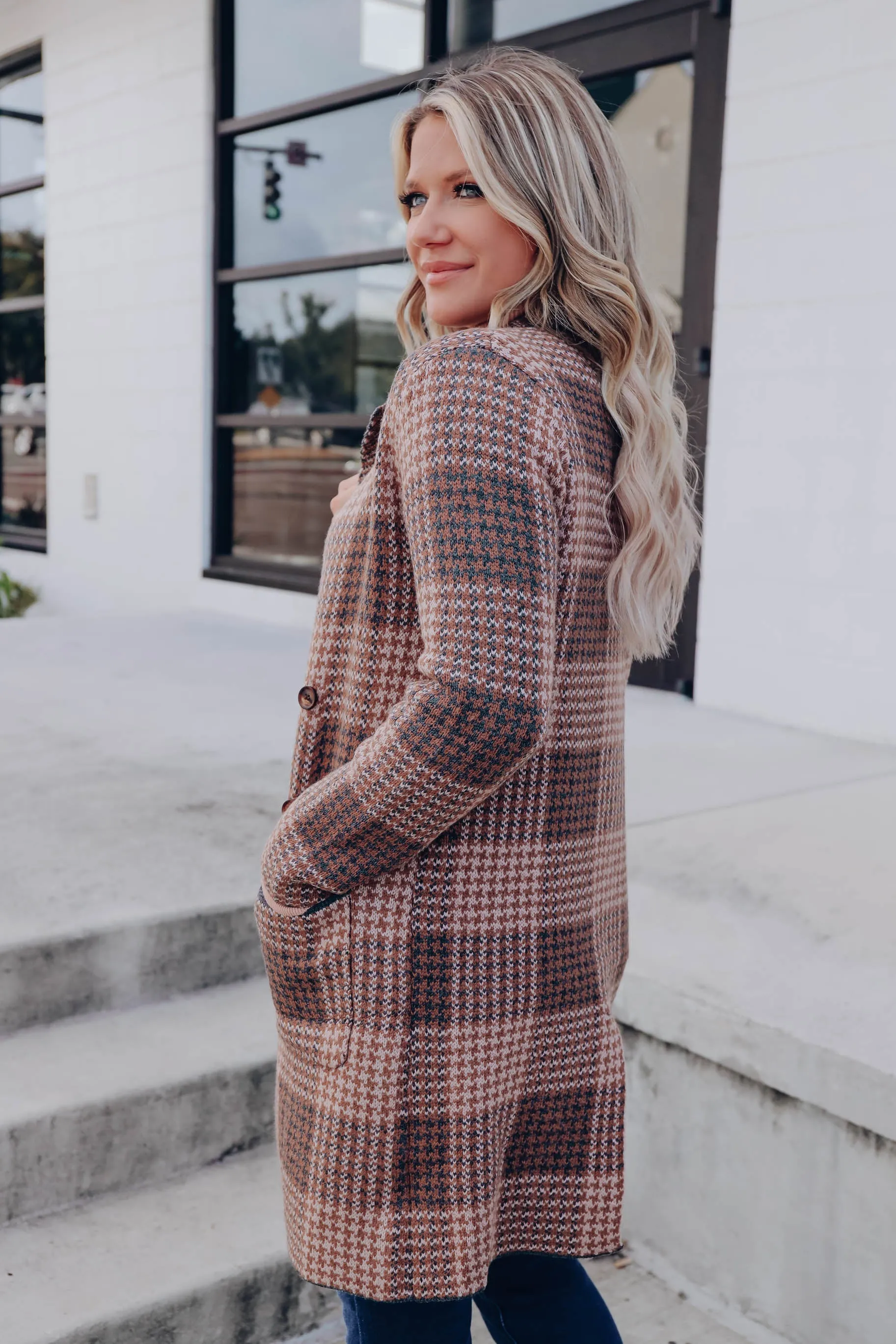 Glen Plaid Relaxed Knit Coat - Almond