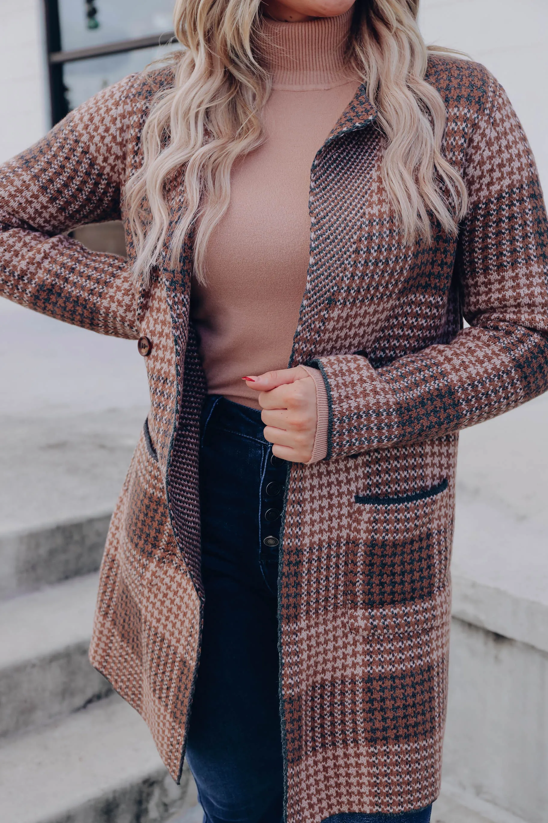 Glen Plaid Relaxed Knit Coat - Almond