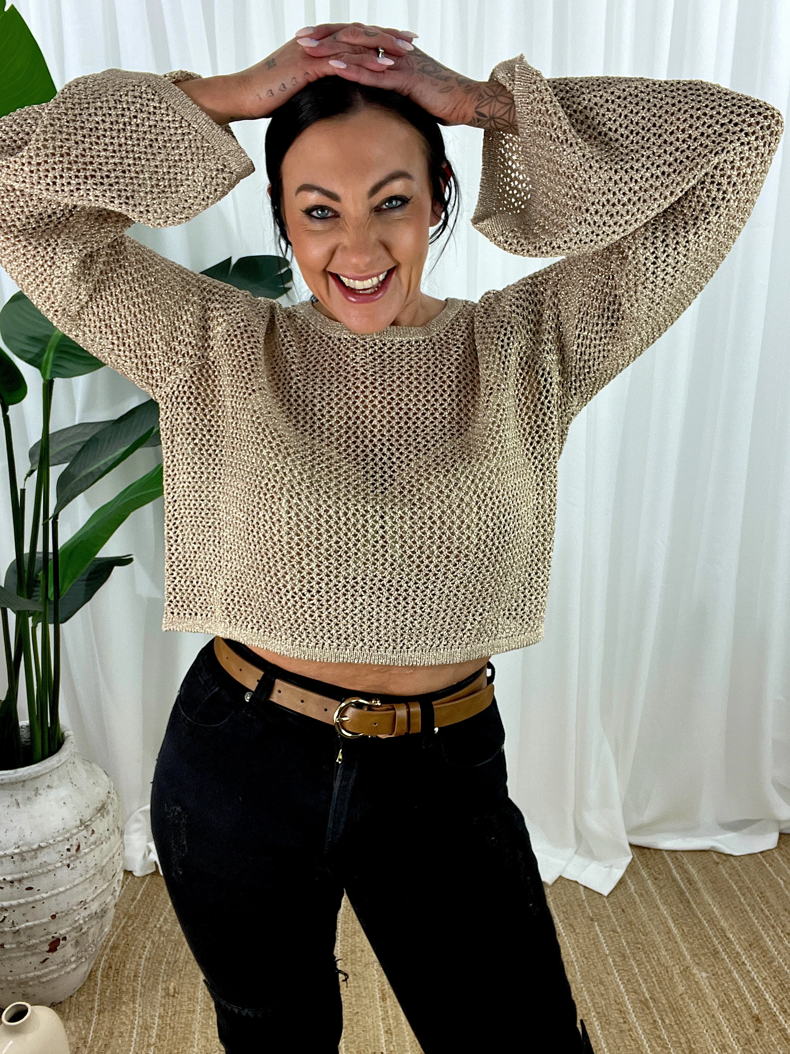 Glimmer Open Knit Crop  - Gold